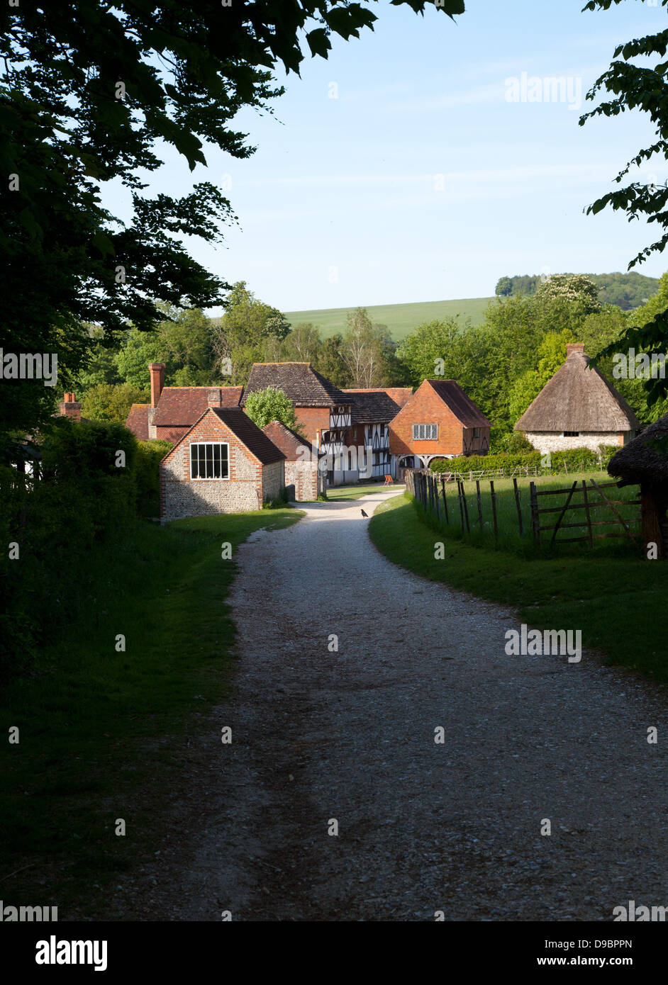 Ammira il Weald & Downland Country Living Museum, lungo una strada di campagna che conduce al villaggio di edifici storici inglesi, che si affacciano sugli alberi e sui boschi in estate Foto Stock
