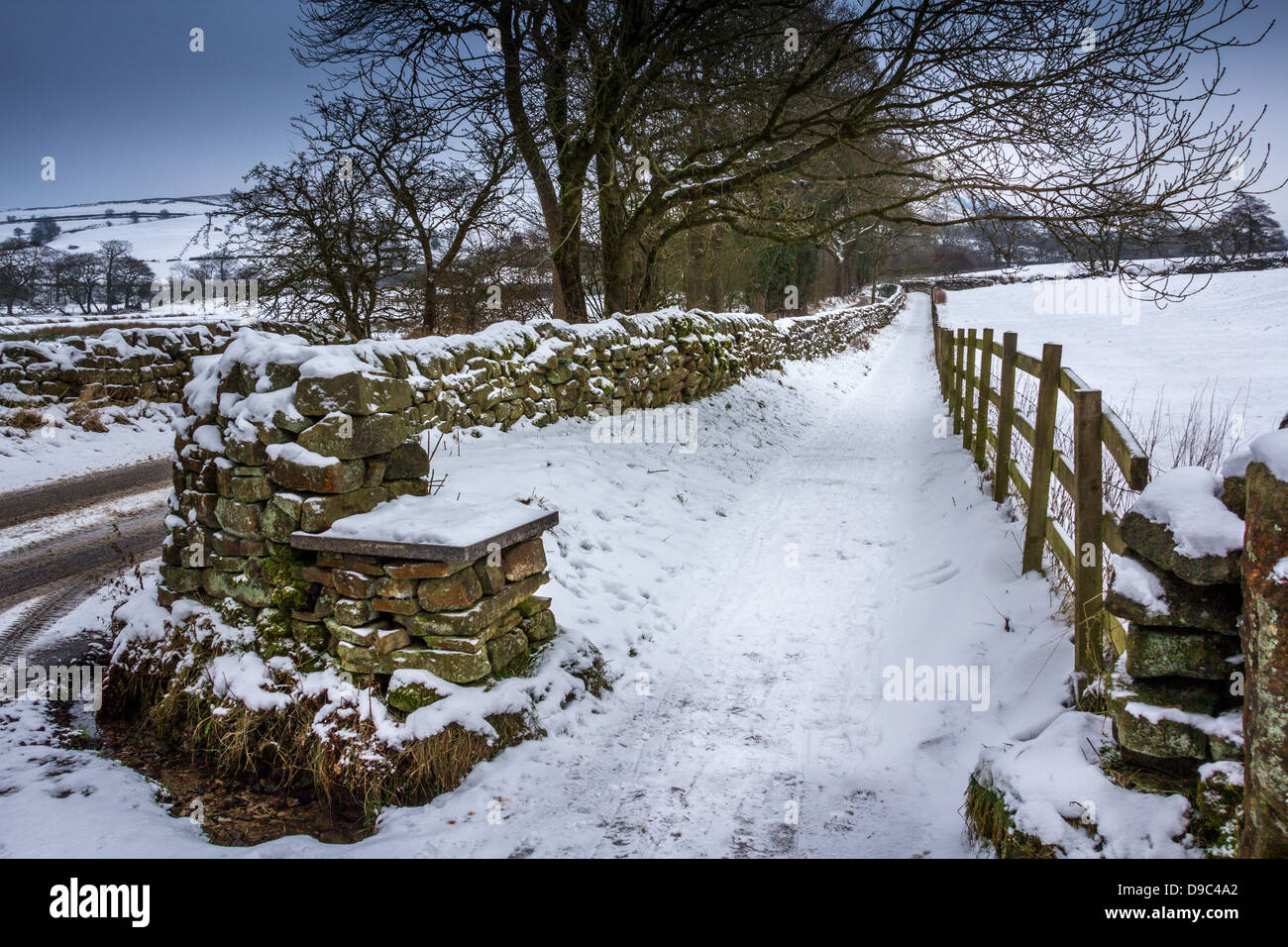 Coperta di neve il percorso che conduce a distanza Foto Stock