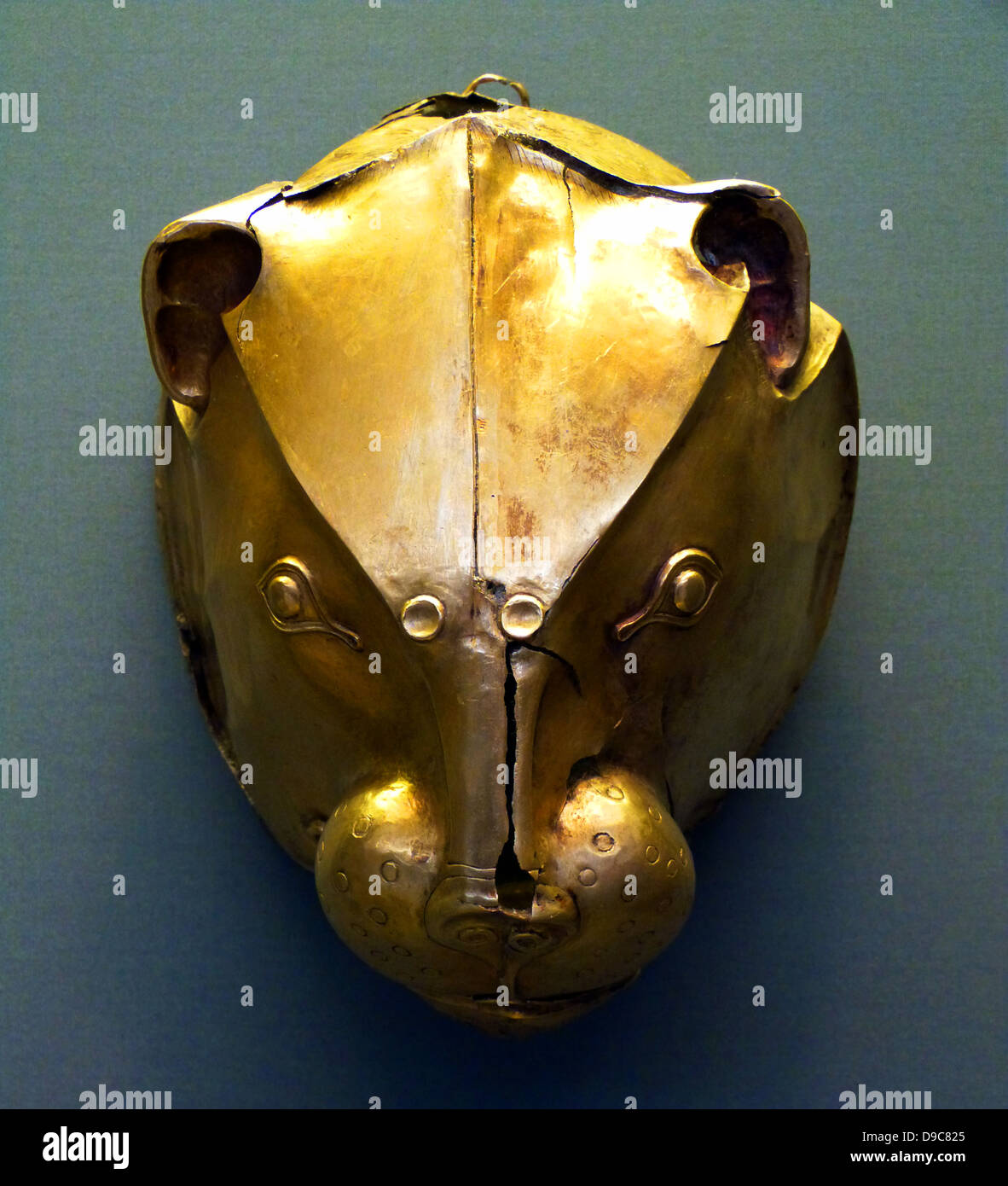 Oro rhyton realizzati in lastra martellata metallo in forma di un impressionante testa di leone con segni distintivi di dettagli come il muso (che ha un foro di colata) e mane. Foto Stock