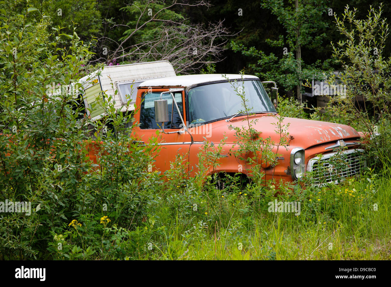 Vecchio carrello parcheggiato a McCarthy Road pista vicino al Ponte Kuskulana, Alaska, STATI UNITI D'AMERICA Foto Stock