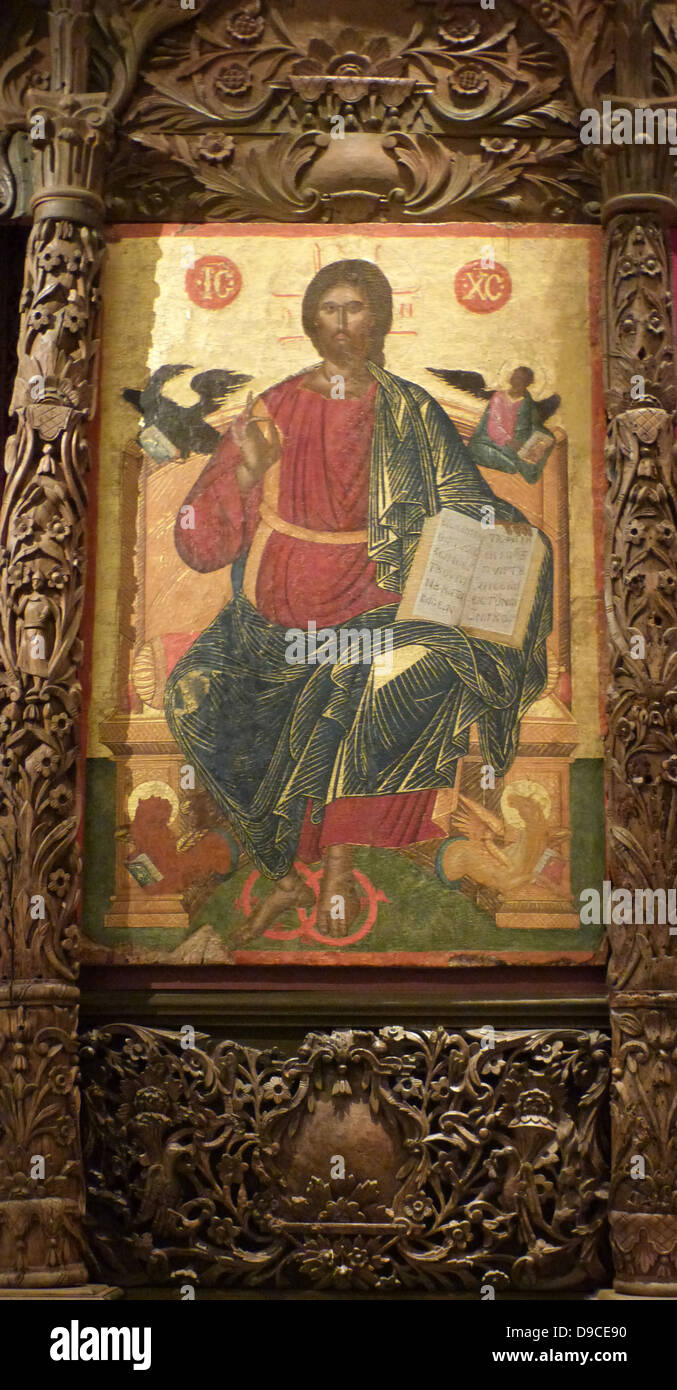 Cristo Pantocrator con i simboli degli evangelisti. Fine del xvii secolo. L'icona rappresenta l'evoluzione stilistica sviluppato in ( ) le isole. Foto Stock