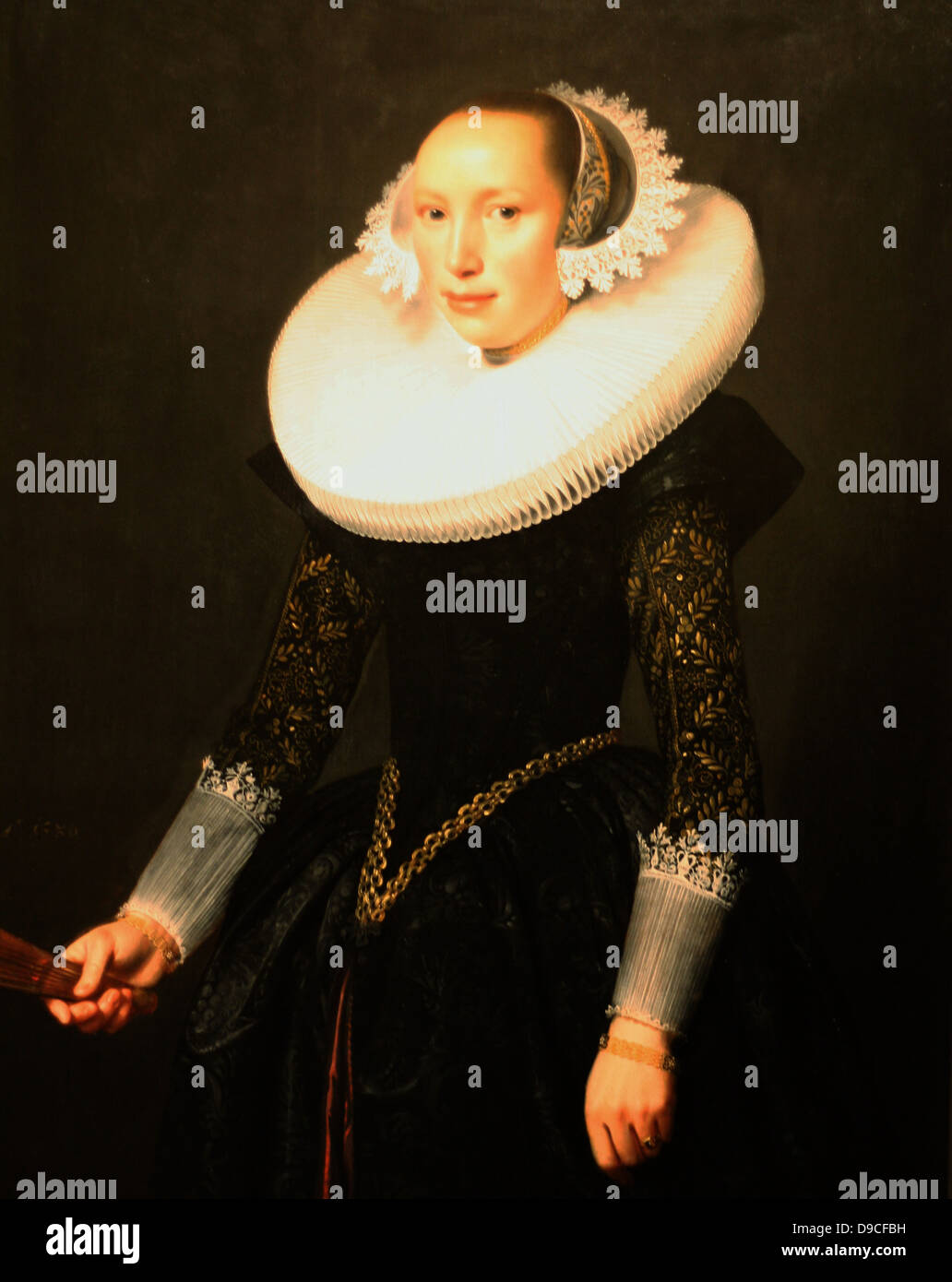 Attribuito a Nicola Eliasz noto anche come Pickenoy (1590/1-1653/6). Ritratto di una dama, olio su pannello. Commerciante olandese femmina classe dipinto circa il 1630's. (1577-1640), pittore olandese. "La battaglia delle Amazzoni' Olio (dettaglio) su pannello di legno Foto Stock