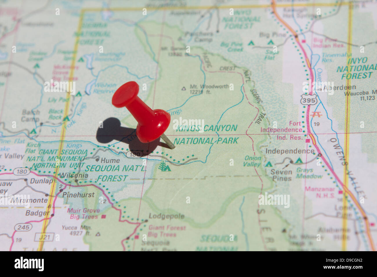Kings Canyon National Park contrassegnate su una mappa della California con un rosso thump tack Foto Stock