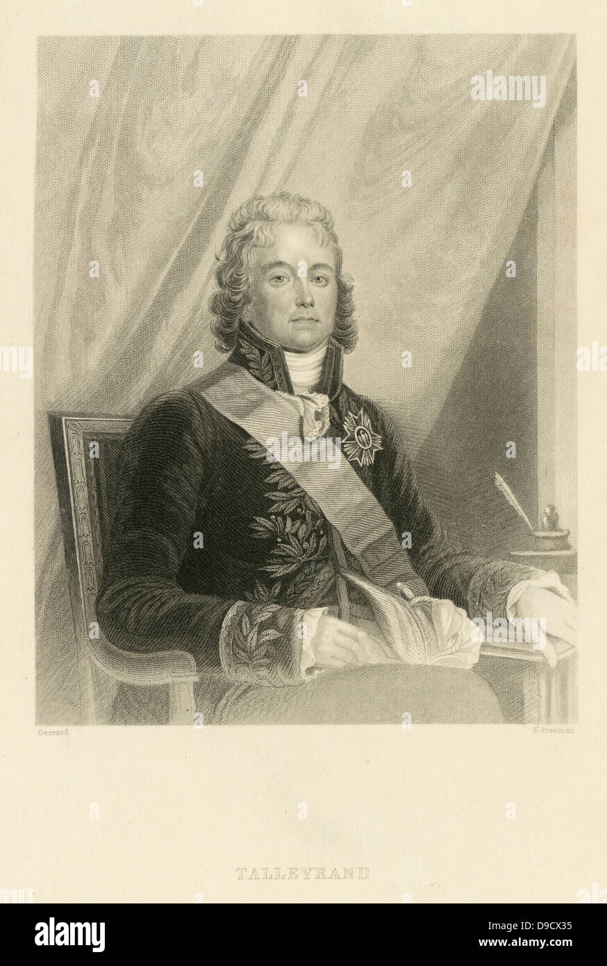 Talleyrand: Charles Maurice de Talleyrand-Perigord, primo Principe de Benevent (1754-1838) diplomatico francese e PrimeM ministro di Francia che ha continuato in ufficio da 1797-1815 serve regimi contrastanti. Incisione. Foto Stock