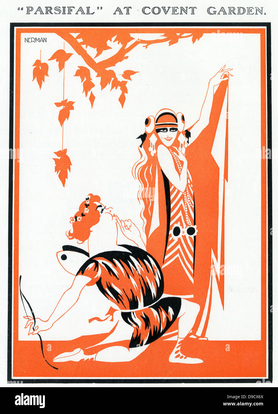 Cartoon del Danish-American tenor Lauritz Melchior e il soprano svedese Gota Ljunberg come Kundry nel Parsifal, opera di Richard Wagner, a Covent Garden, Londra, 1927. Foto Stock