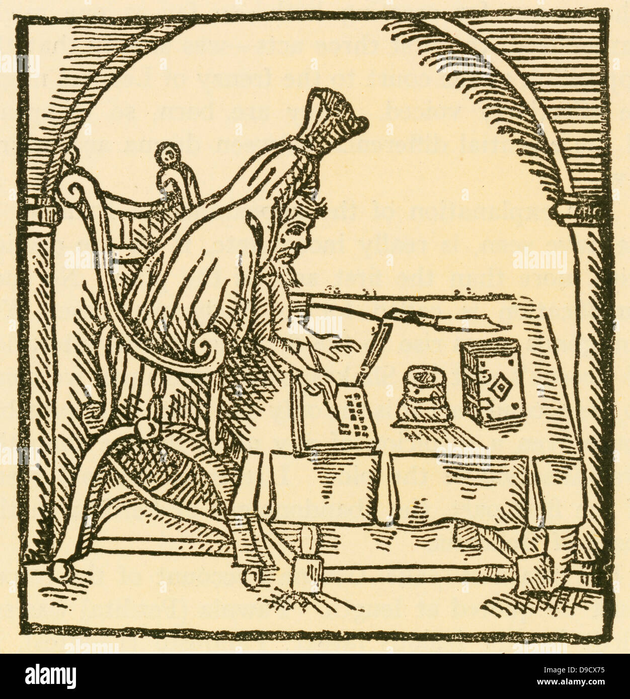 Robert Greene (1558-1592), drammaturgo Elizabethan, autore e critico di Shakespeare, mostrato iscritto rivestiti del suo funerale sindone. Xilografia dopo Greene in conceipt, London, 1596, da Giovanni Dickenson. Foto Stock