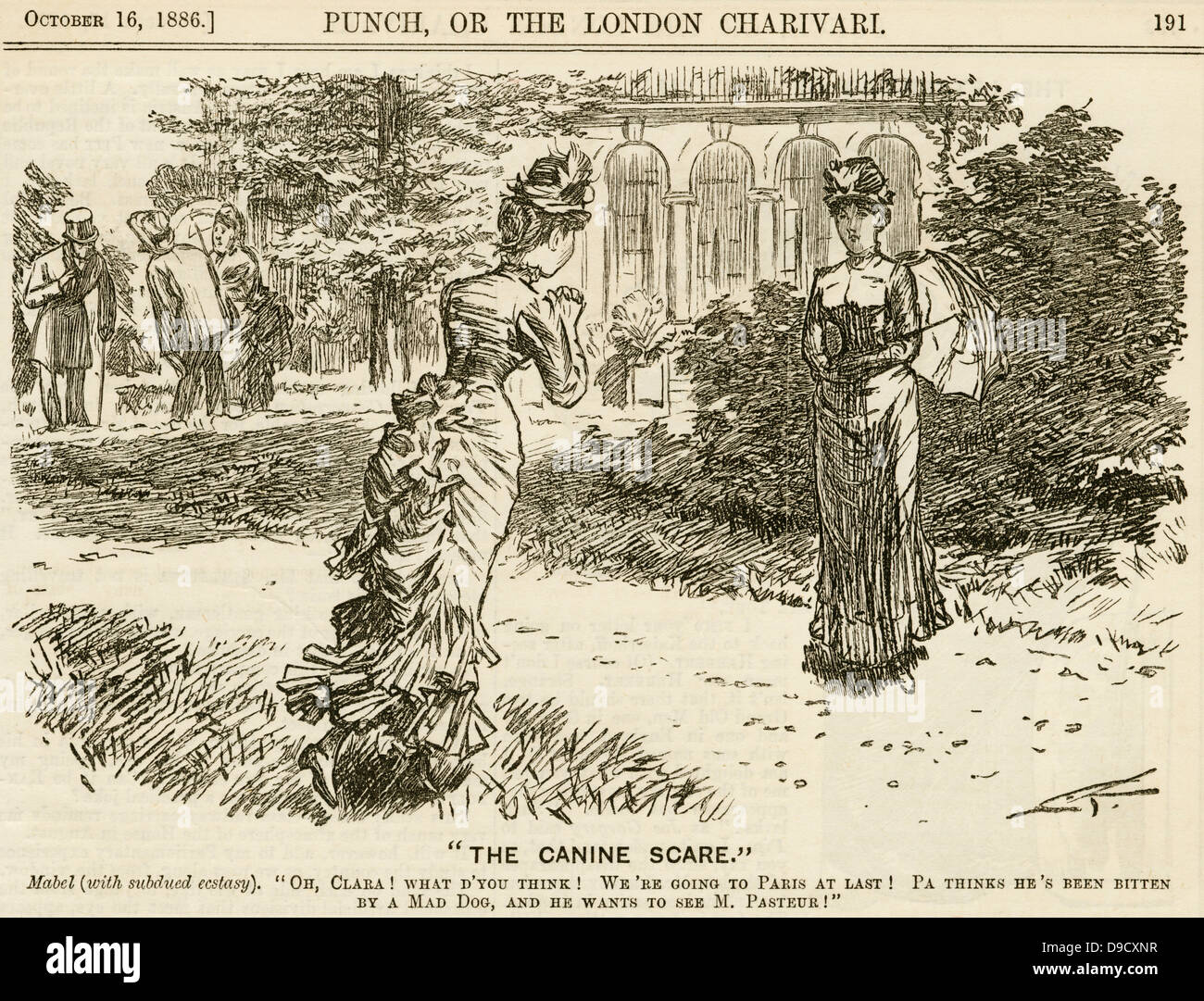 Uomo che crede è stato morsicato da un cane pazzo è di andare a Parigi per essere vaccinati contro la rabbia da Pasteur sta prendendo la sua famiglia con lui, per la gioia della sua figlia. Cartoon dal punzone, Londra, 1886. Foto Stock