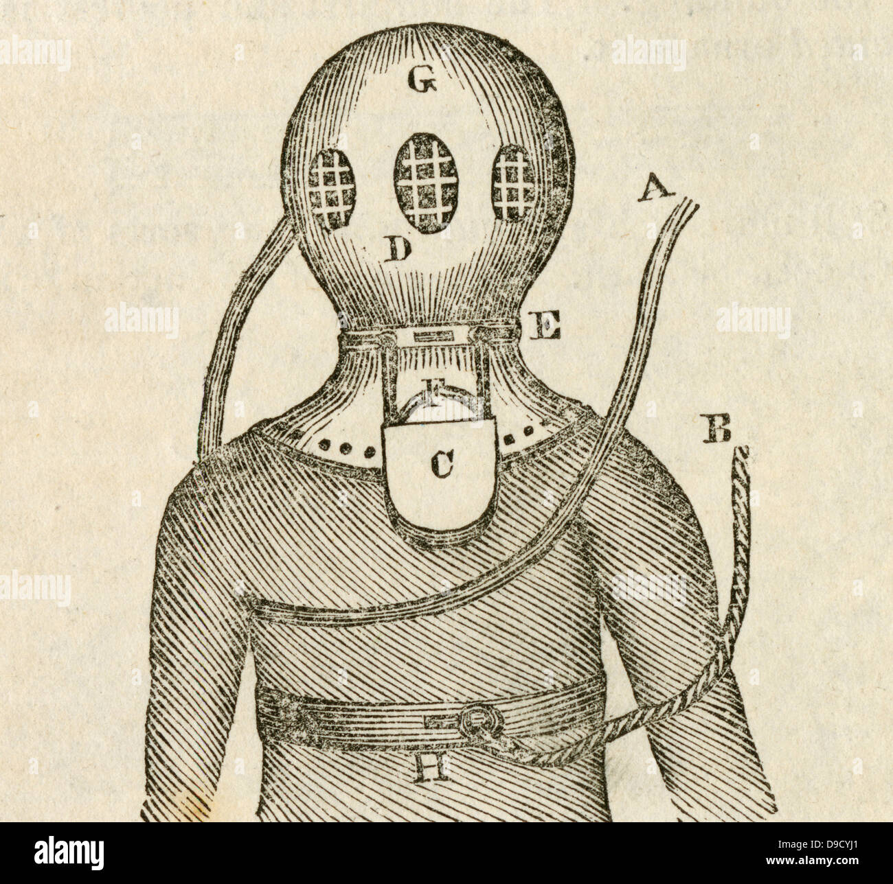 Deans casco immersioni con aria alimentata attraverso il tubo atto xilografia, 1842. Foto Stock