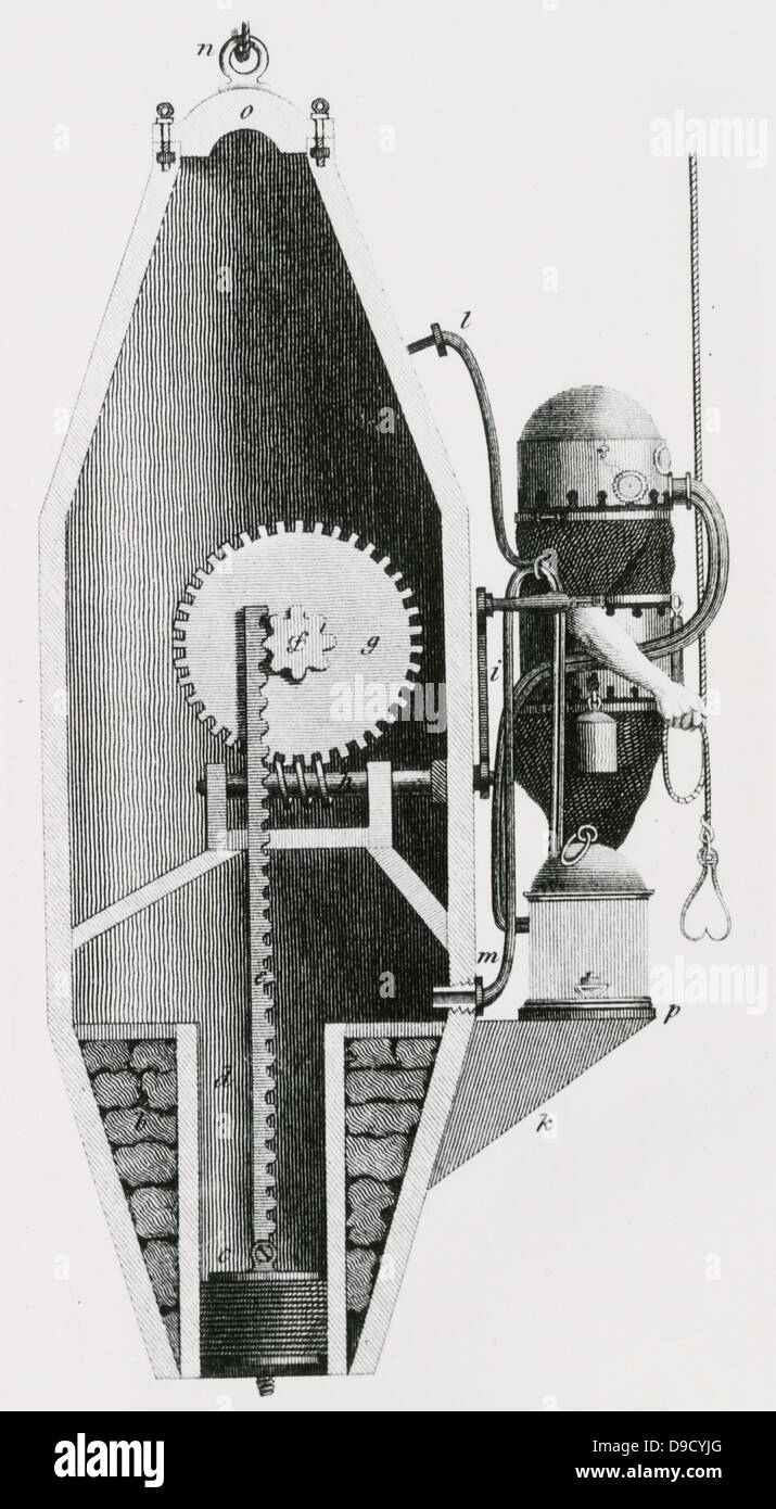 Immersioni subacquee machie e tuta da C.H. Klingert di Breslavia, 1797. Macchina essenzialmente un serbatoio di aria che ha consentito al subacqueo di opertate a maggiori profondità. Incisione, c1870. Foto Stock
