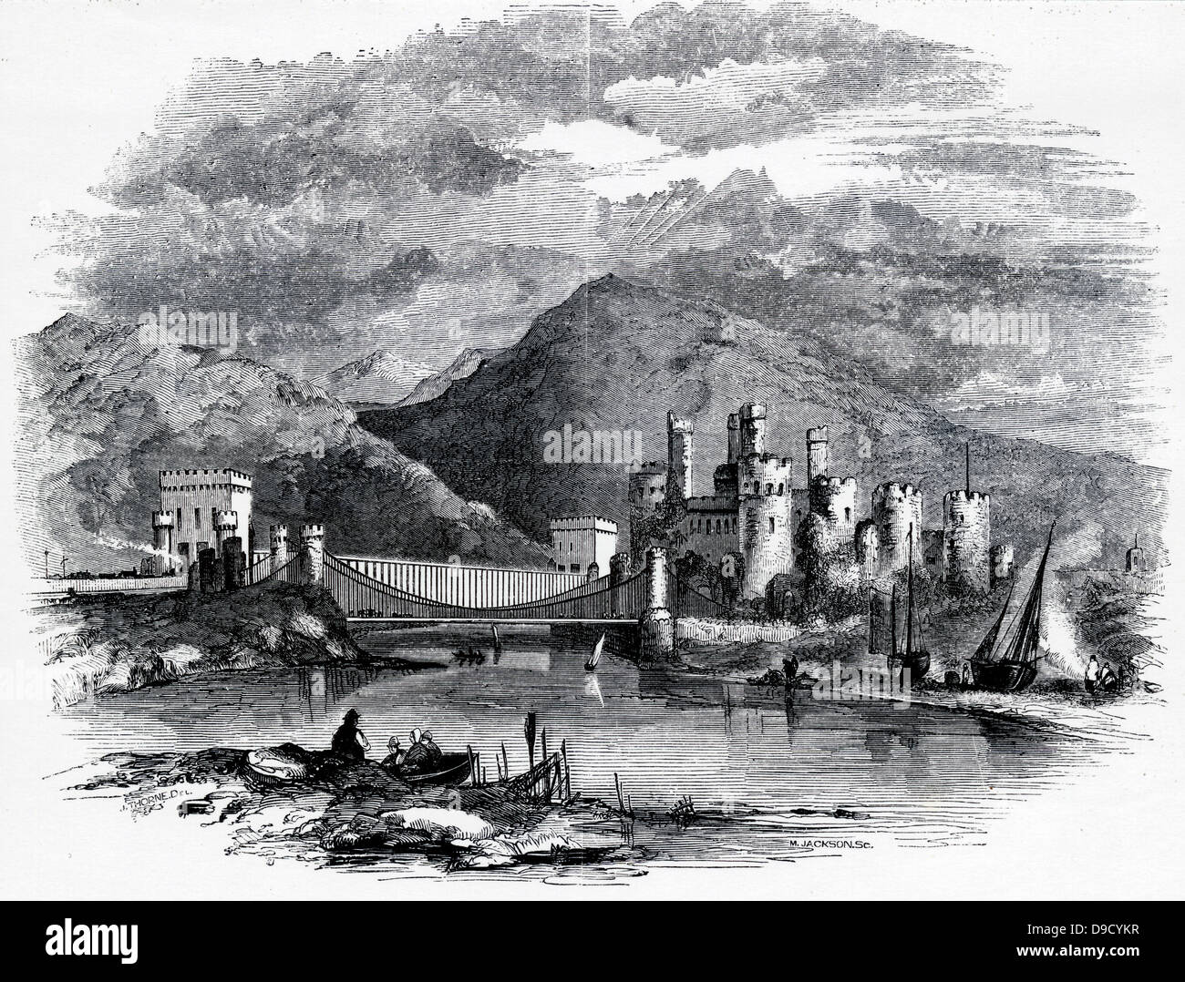 Telfords Conway sospensione ponte stradale e dietro di esso Robert Stephensons trave scatola ponte ferroviario sul fiume Conway, Galles. Incisione c1860. Foto Stock