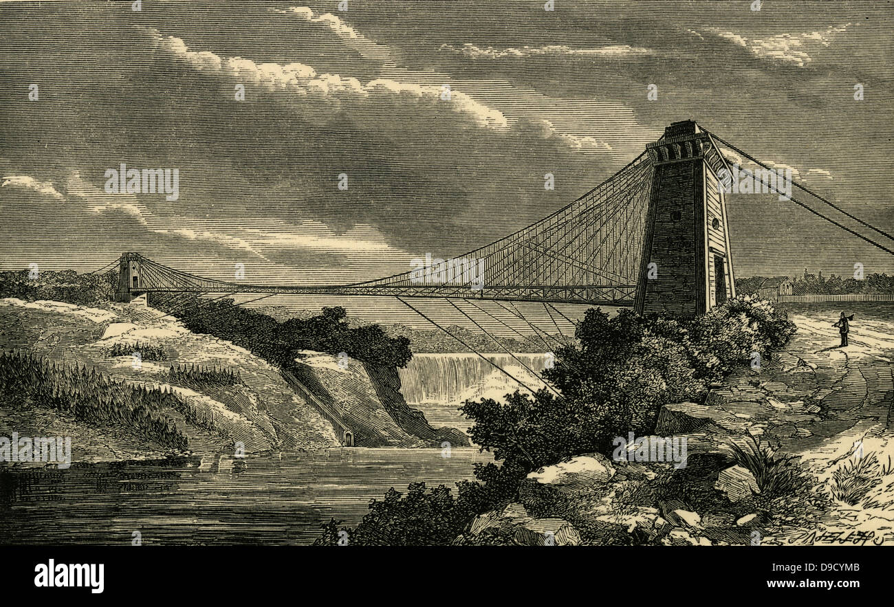 Sospensione ponte sopra il fiume Niagara il collegamento di New York Central Railroad e Great Western Railway di Canada, costruito 1851-1854. Ingegnere: John agosto Roebling (1806-1869) American ingegnere civile. Foto Stock