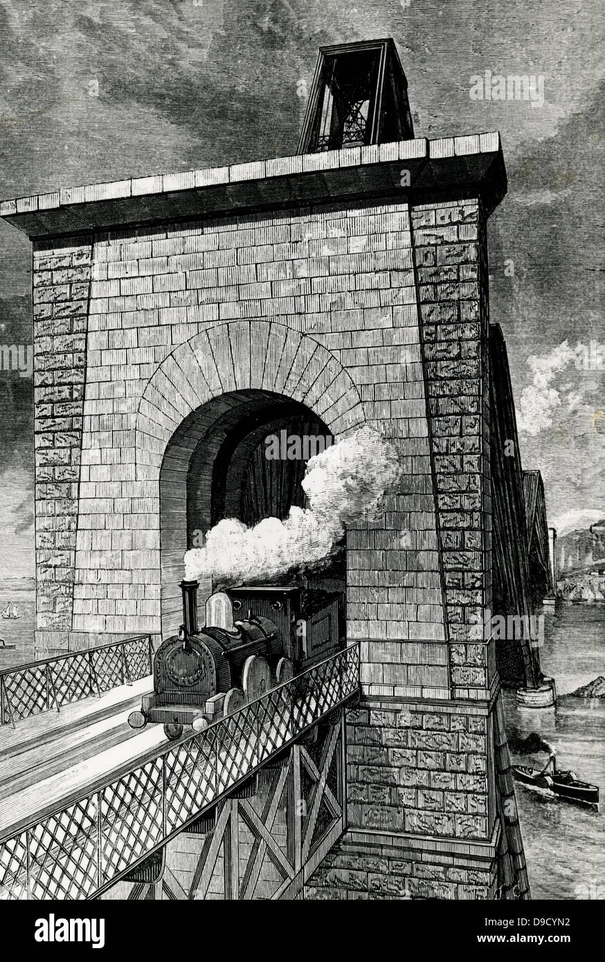 Il primo treno attraversando il Ponte Forth Railway, Scozia, progettato da John Fowler e Benjamin Baker. Il lavoro è iniziato nel febbraio 1883 e il ponte fu inaugurato dal Principe di Galles il 4 marzo 1890. Foto Stock