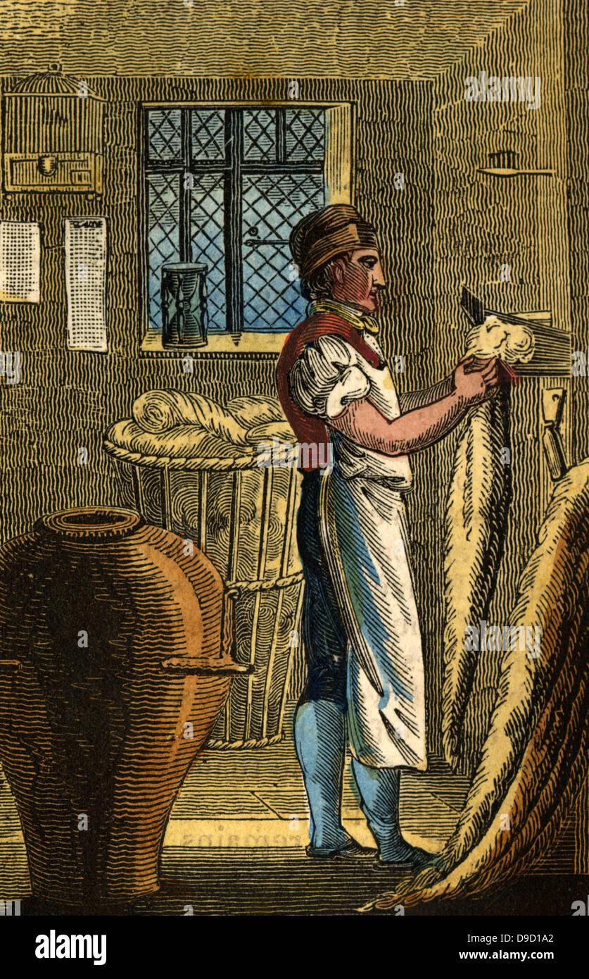 Il Woolcomber il cui compito era quello di lavare e preparare i veli pronta per la filatura. Carbonchio ematico potrebbe essere contratta da veli di sporco. Colorate a mano la xilografia dal libro di inglese commerciale, Londra, 1823. Foto Stock