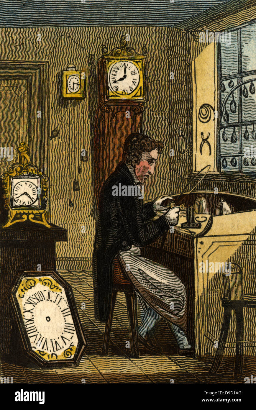L'Orologiaio a lavorare al suo banco. Così come gli orologi, egli avrebbe anche orologi. Colorate a mano la xilografia dal libro di inglese commerciale, Londra, 1823. Foto Stock