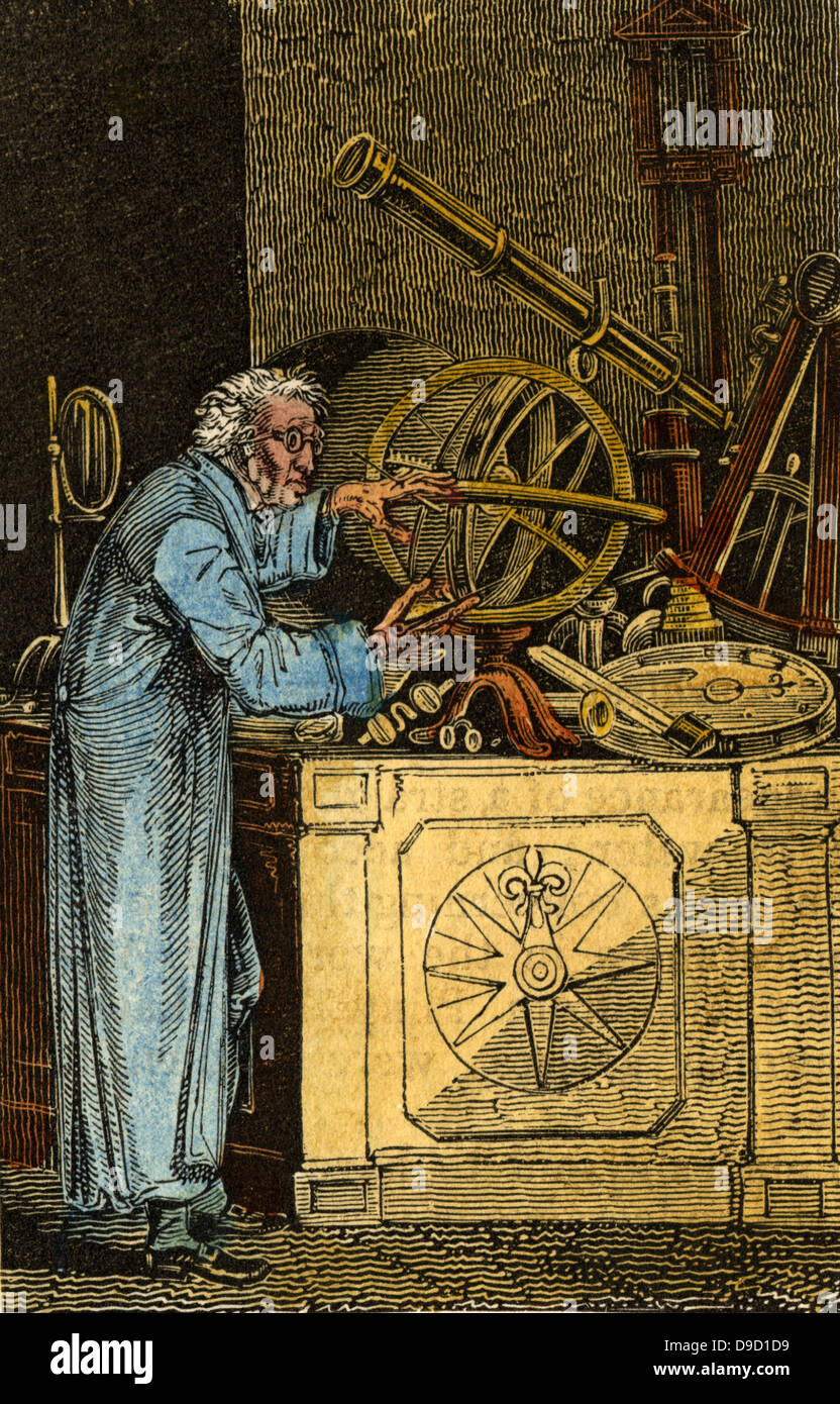 L'ottico e strumento matematico Maker. Attorno a lui sono un telescopio, quadrante, barometro, sfera armillare. Colorate a mano la xilografia dal libro di inglese commerciale, Londra, 1823. Foto Stock