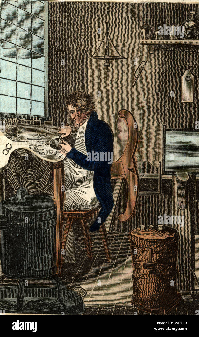 Il gioielliere seduto al banco di lavoro circondato dal suo equipaggiamento. Colorate a mano la xilografia dal libro di inglese commerciale, Londra, 1823. Foto Stock