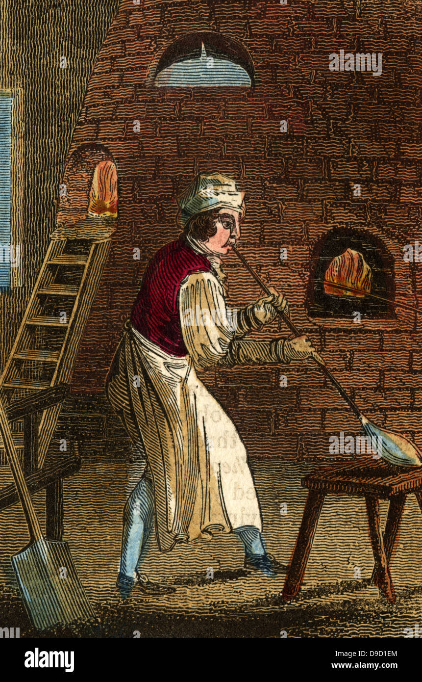 Il soffiatore di vetro inizio a lavorare il pezzo di vetro fuso che ha appena riscaldati nel forno dietro di lui. Colorate a mano la xilografia dal libro di inglese commerciale, Londra, 1823. Foto Stock