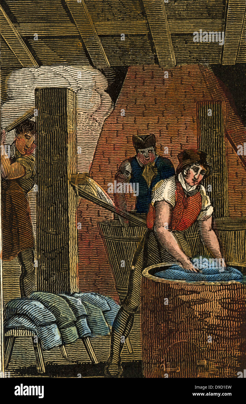 Il Dyer: interni di una casa di colorante con un panno immerso in una vasca, primo piano. Centro a sinistra, l'acqua viene pompata in un grande recipiente di legno. Dal libro di inglese commerciale, Londra, 1823. Foto Stock