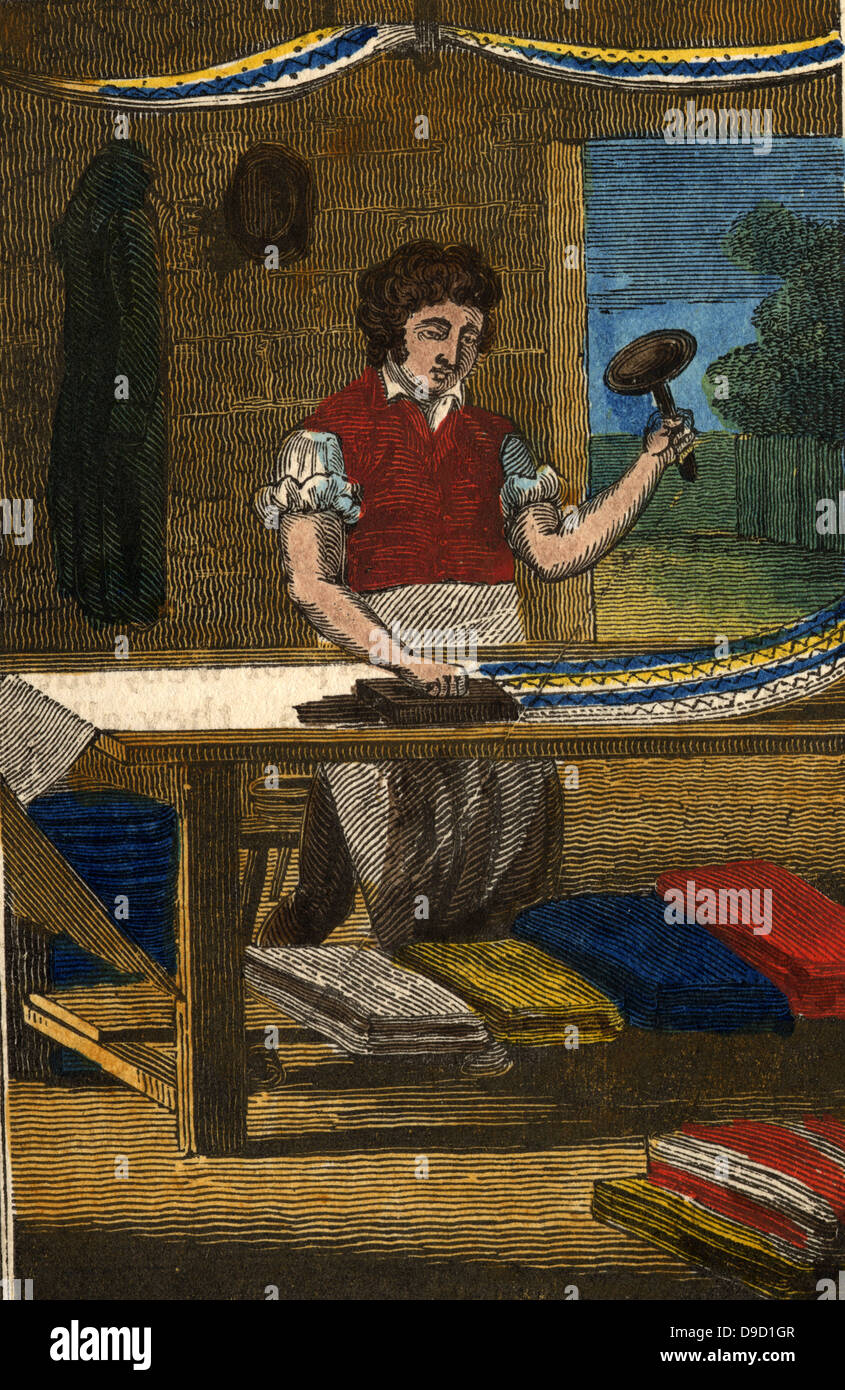 Il calicò stampante utilizzando scolpite di blocchi di legno per applicare il modello colorato di panno di cotone. Colorate a mano la xilografia dal libro di inglese commerciale, London, 1823.Lancashire era la principale area in Inghilterra per la fabbricazione di calico. Foto Stock