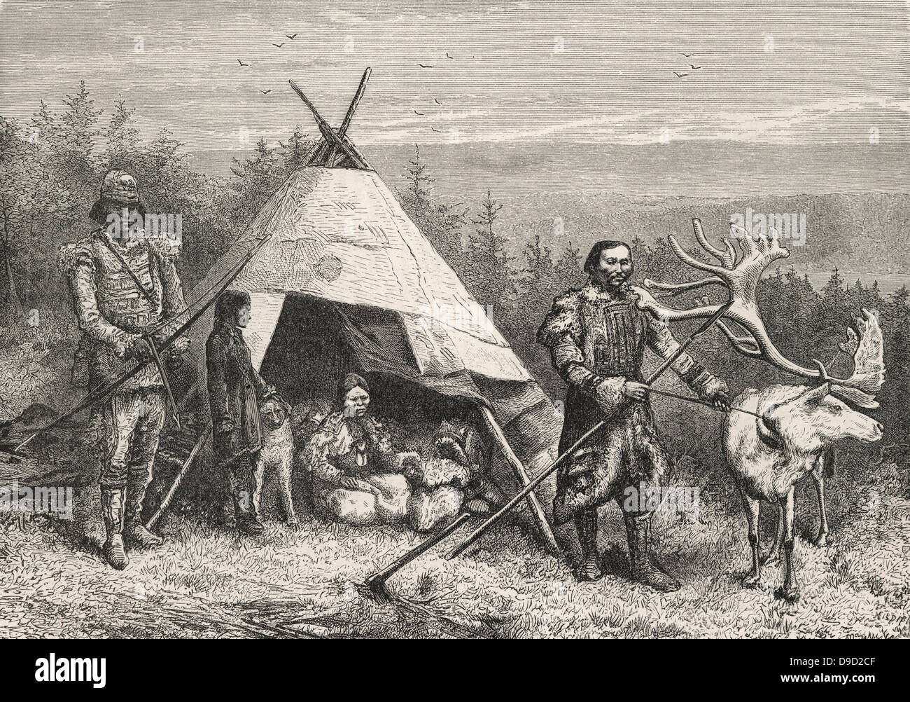 Accampamento nativa in Siberia è verificato dalla spedizione guidata da Nils Adolf Erik 1878-1879. Nordenskiold in SS Vega a negoziare il passaggio a nordest Foto Stock