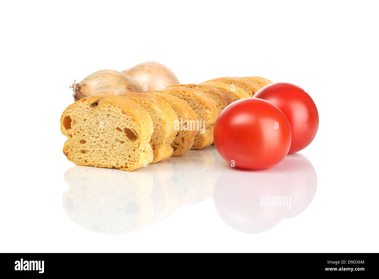 Pane bruschetta con pomodori e cipolle Foto Stock