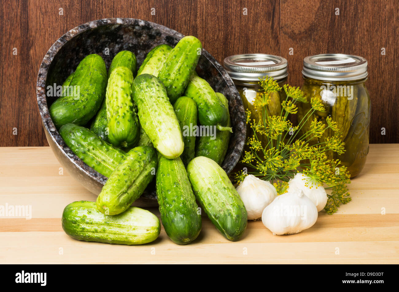 Sottaceti o cetrioli con vasetti di sottaceti, aglio e aneto Foto Stock