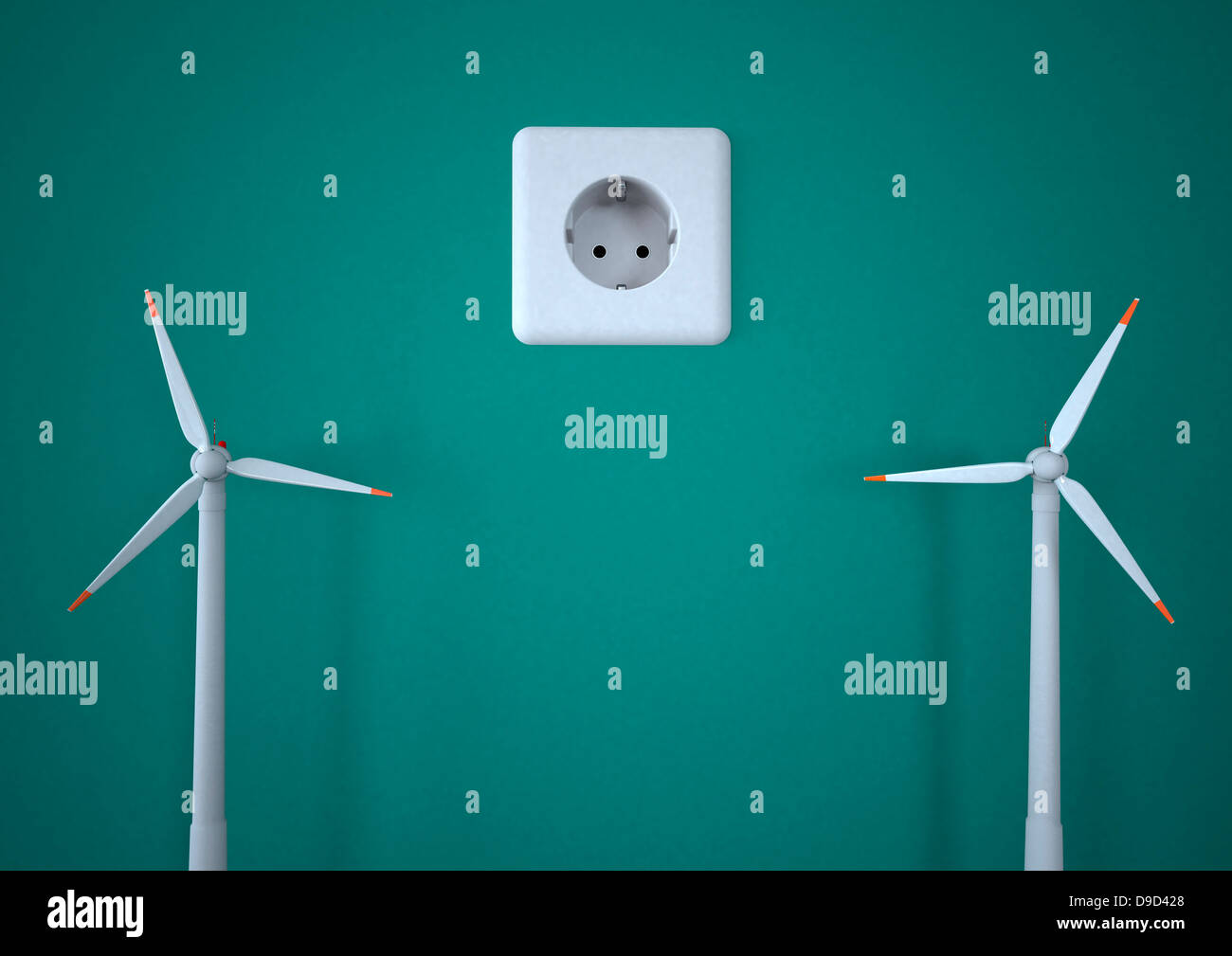 Presa di alimentazione con turbine eoliche contro lo sfondo di colore verde, vicino fino Foto Stock