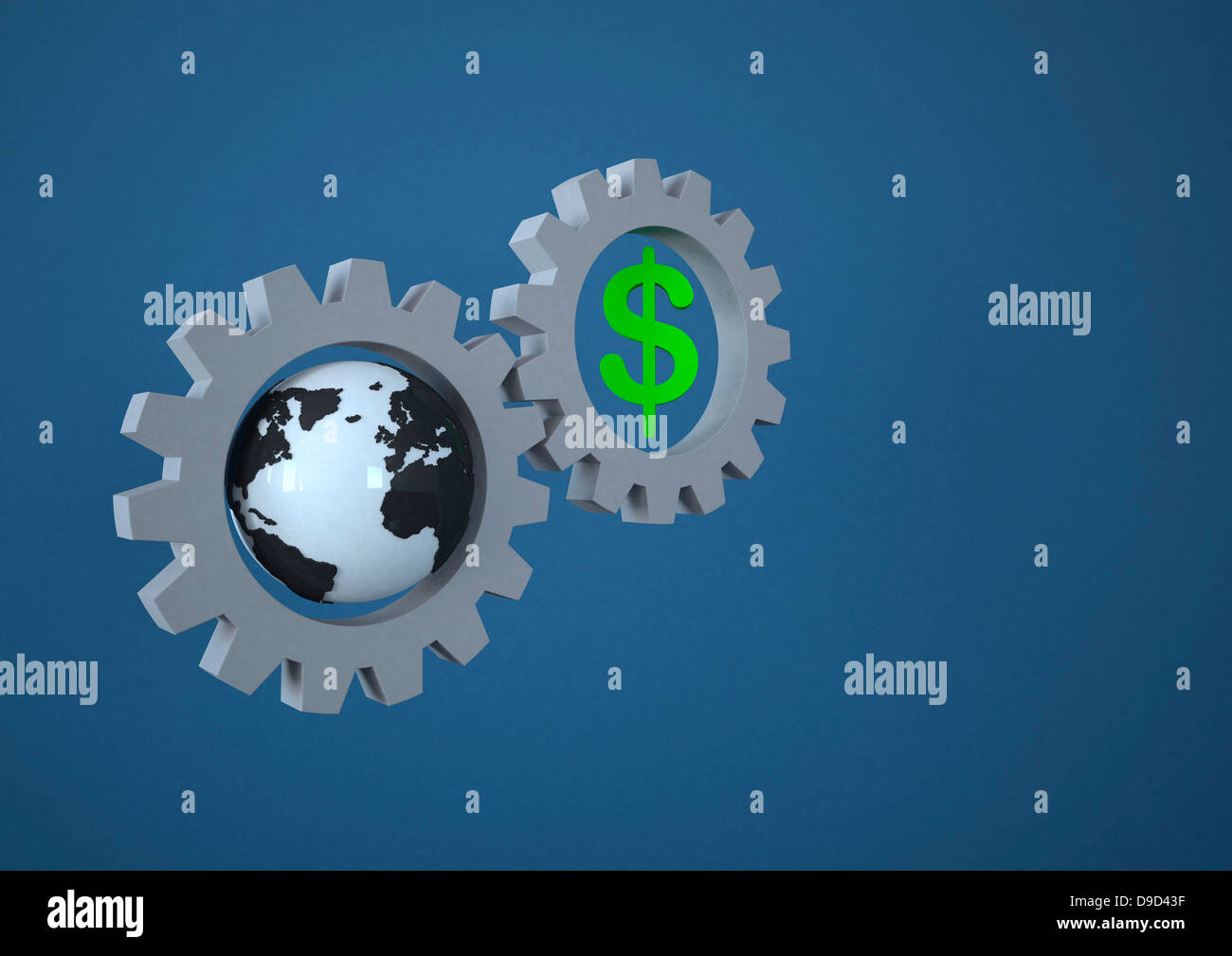 Illustrazione di ingranaggi con il dollaro e il Globe, close up Foto Stock