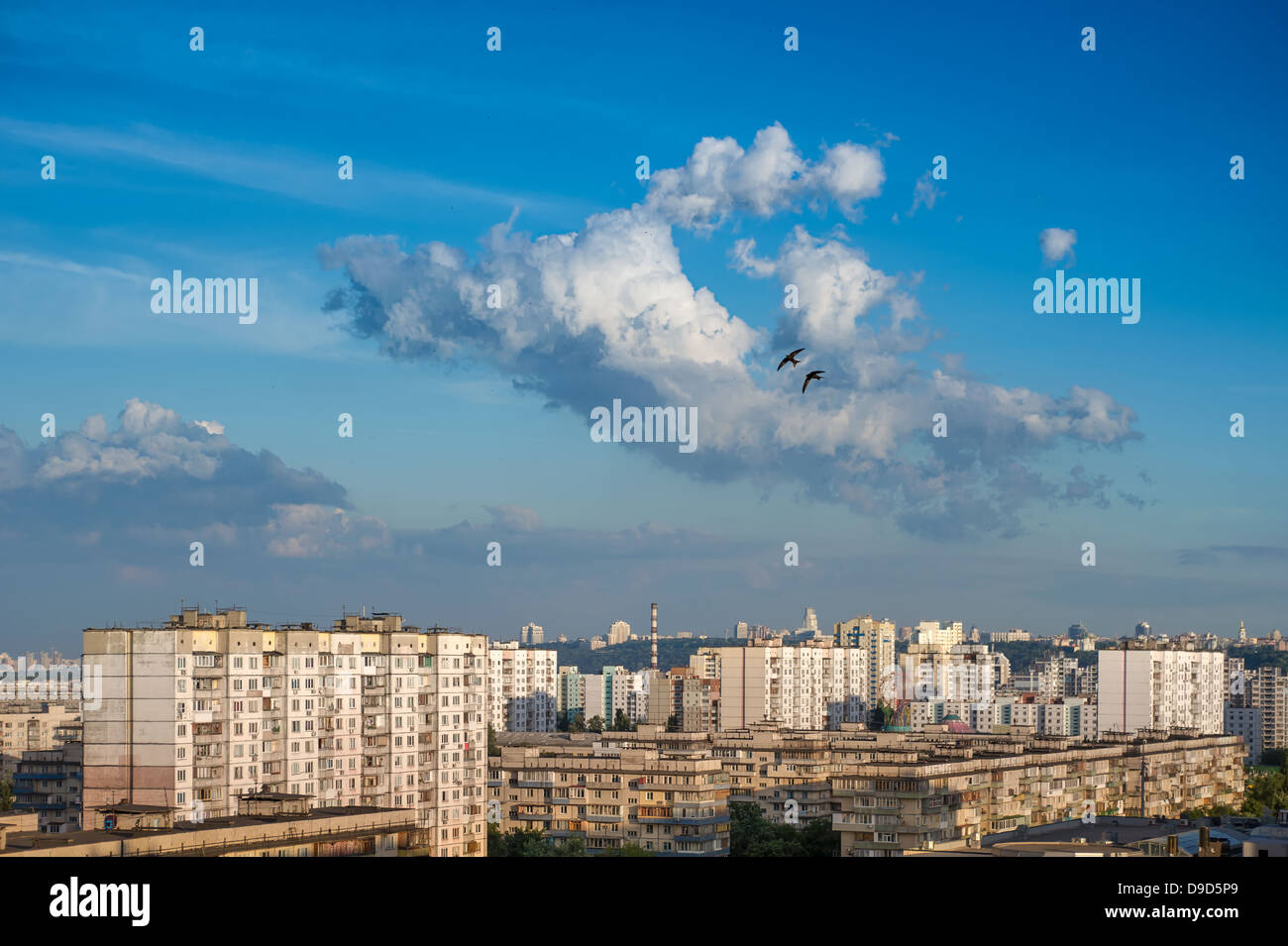 Tramonto con cumulonimbus nuvole sul cielo blu nel paesaggio urbano. Due rondini sorvolano il cloud. A Kiev, Ucraina Foto Stock