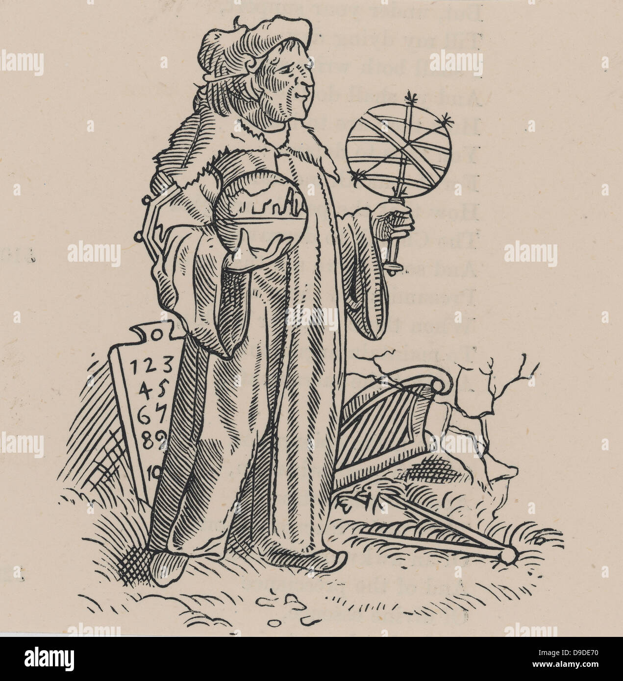 Xilografia di un sedicesimo secolo astrologo/astronomo e i suoi strumenti. Xvi secolo la xilografia. Foto Stock