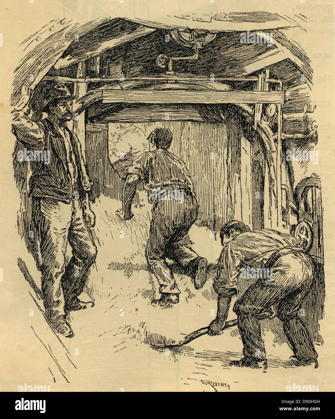 Gli operai lavorano da aria compressa dietro un t unnelling scudo profondo sotto Londra: 1890. Foto Stock