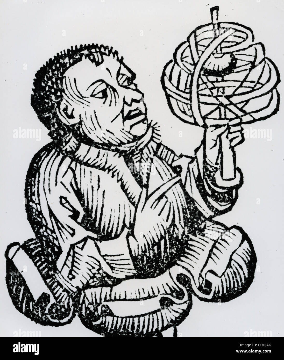 Astronomo medievale con una sfera armillare. Xilografia, 1493. Foto Stock