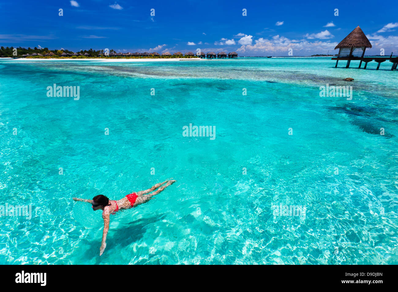 Giovane donna in bikini rosso a nuotare in una laguna di corallo Foto Stock