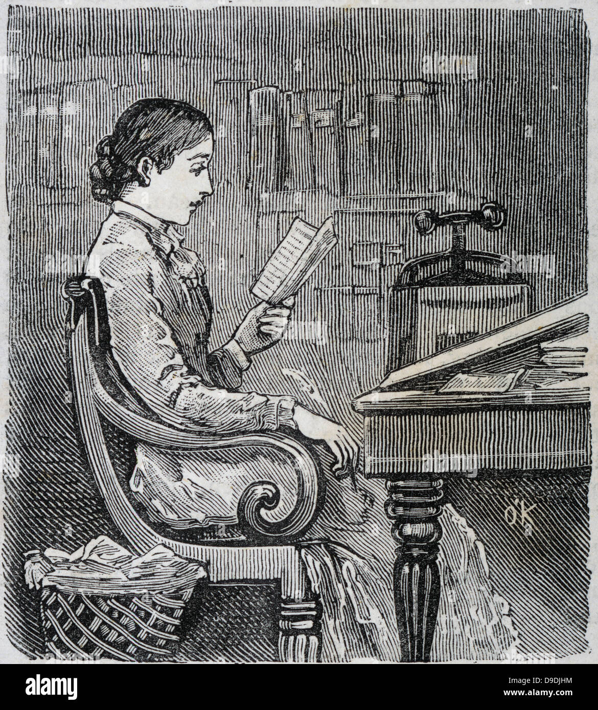 Signora editor rispondere alla corrispondenza. Incisione 1885. Foto Stock