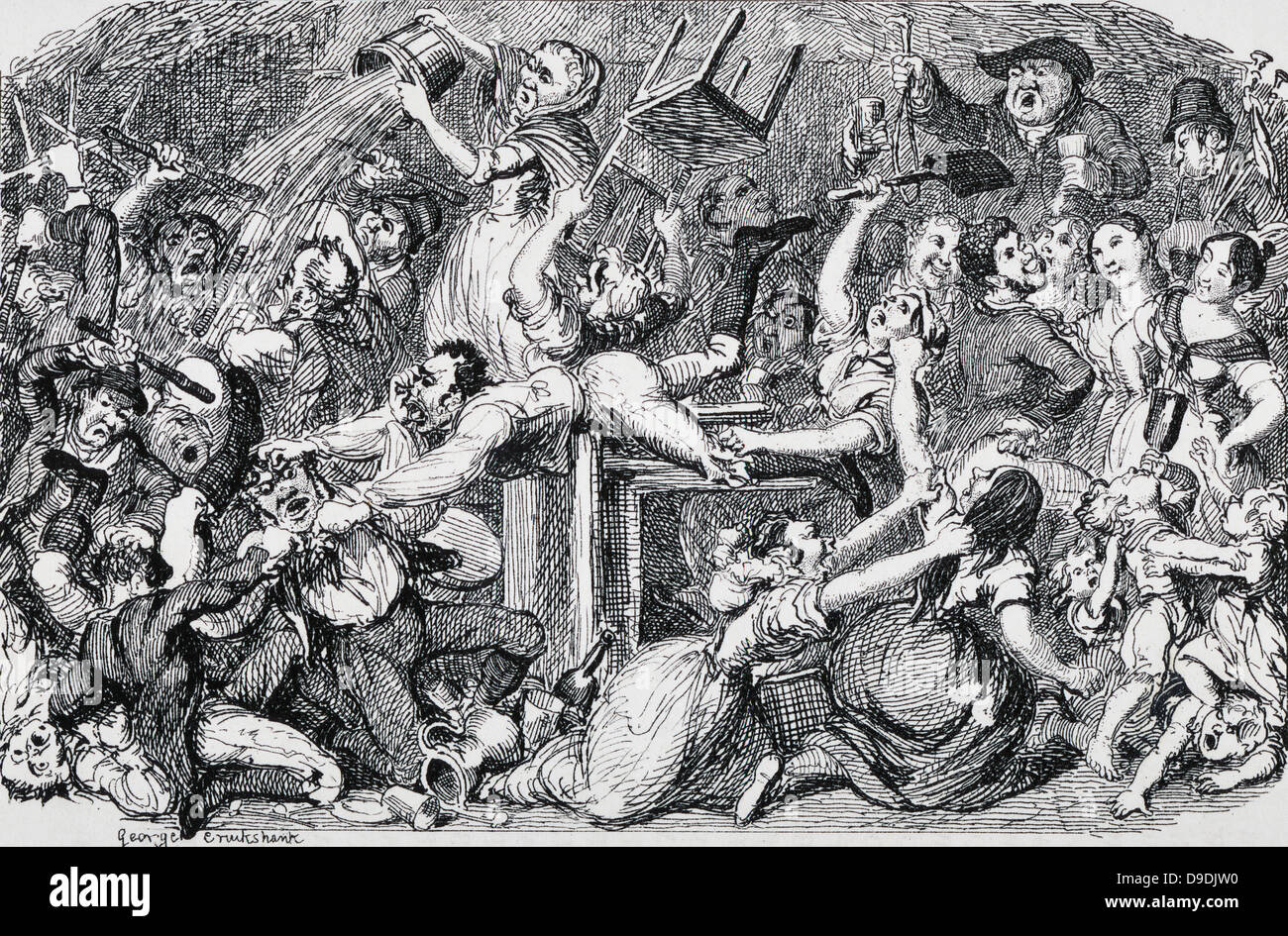 Marzo - il giorno di San Patrizio. Cartone animato da George Cruikshank mostra gli Irlandesi celebrano il 17 marzo, il giorno del loro santo patrono. Incisione, 1838. Foto Stock