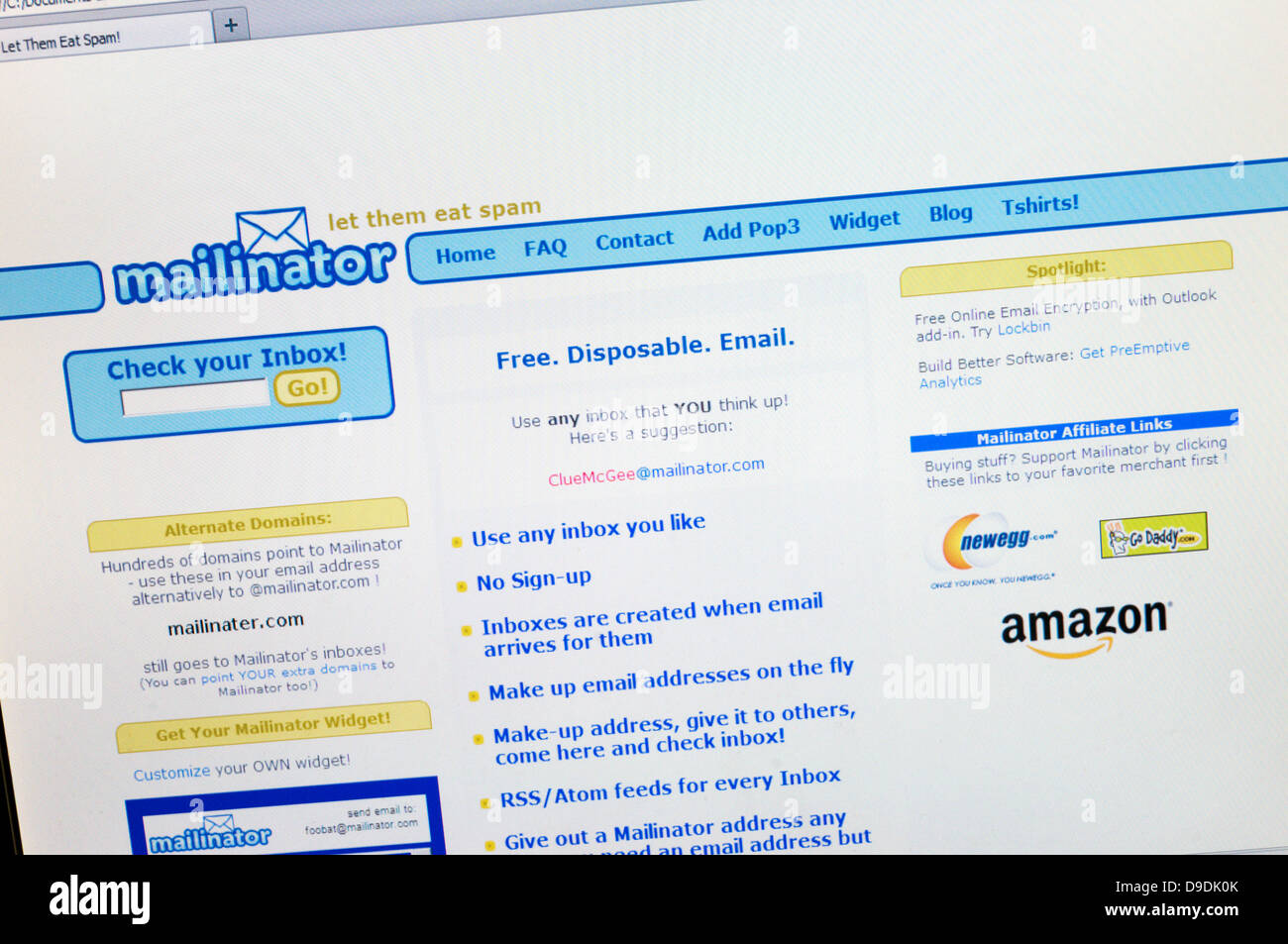 Il mailinator sito fornisce un libero monouso indirizzo e-mail service. Foto Stock