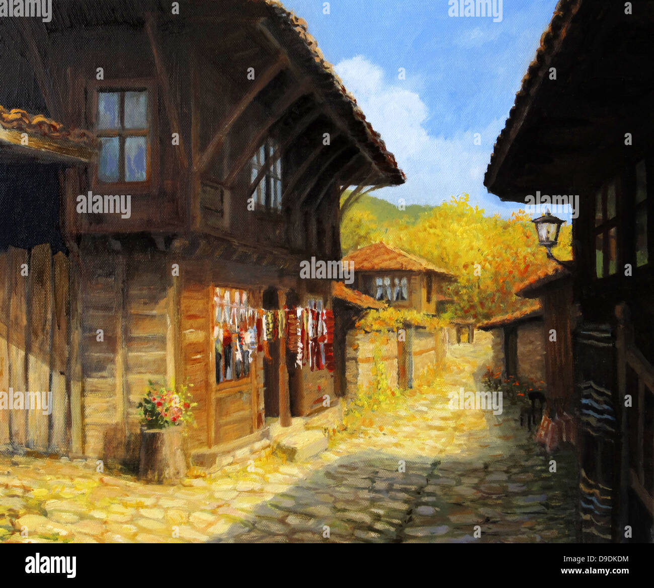 Un dipinto ad olio su tela di una strada stretta con le tipiche vecchie case di villaggio Zheravna, Bulgaria. Paesaggio rurale. Foto Stock