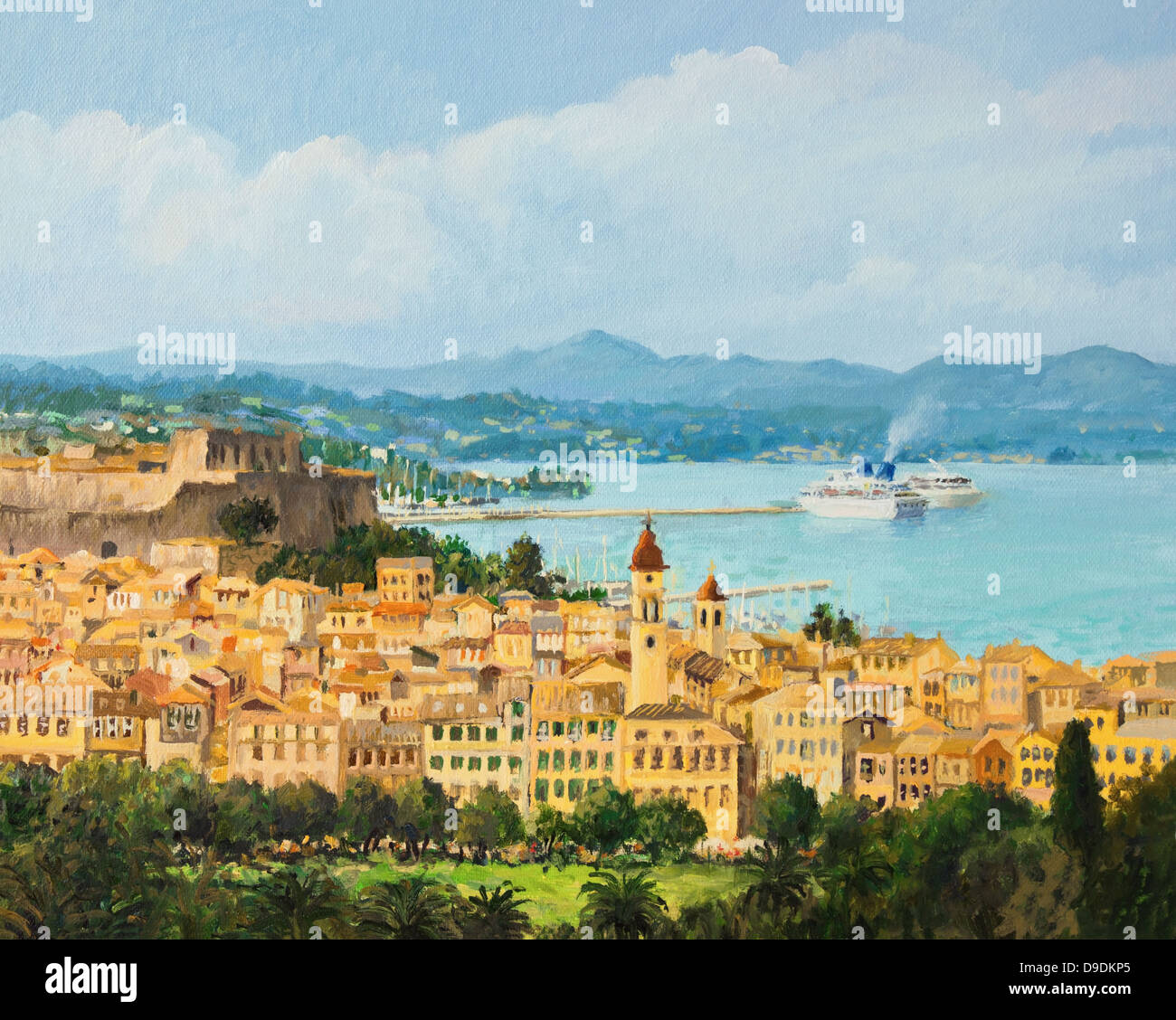 N la pittura ad olio su tela di una bellissima vista panoramica dell'isola di Corfù, dalla sommità della rocca sopra la città Corfu'. Foto Stock