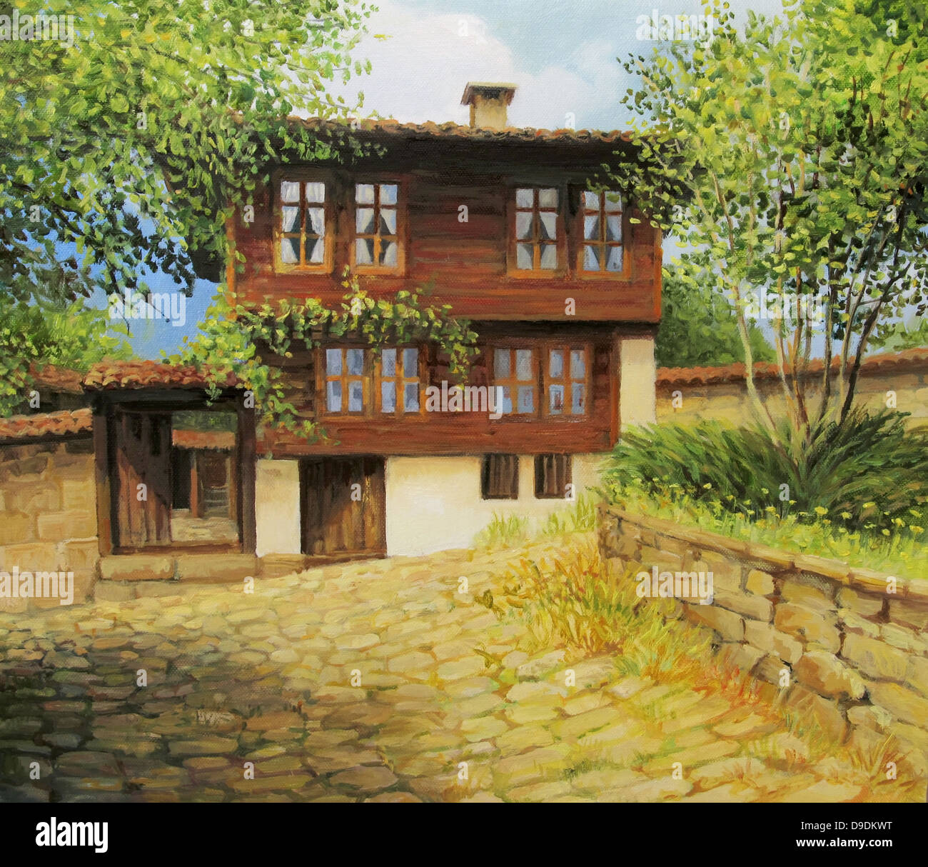Un dipinto ad olio su tela di una vecchia casa storica nella piccola cittadina rurale Kotel, Bulgaria all'inizio dell'autunno. Foto Stock