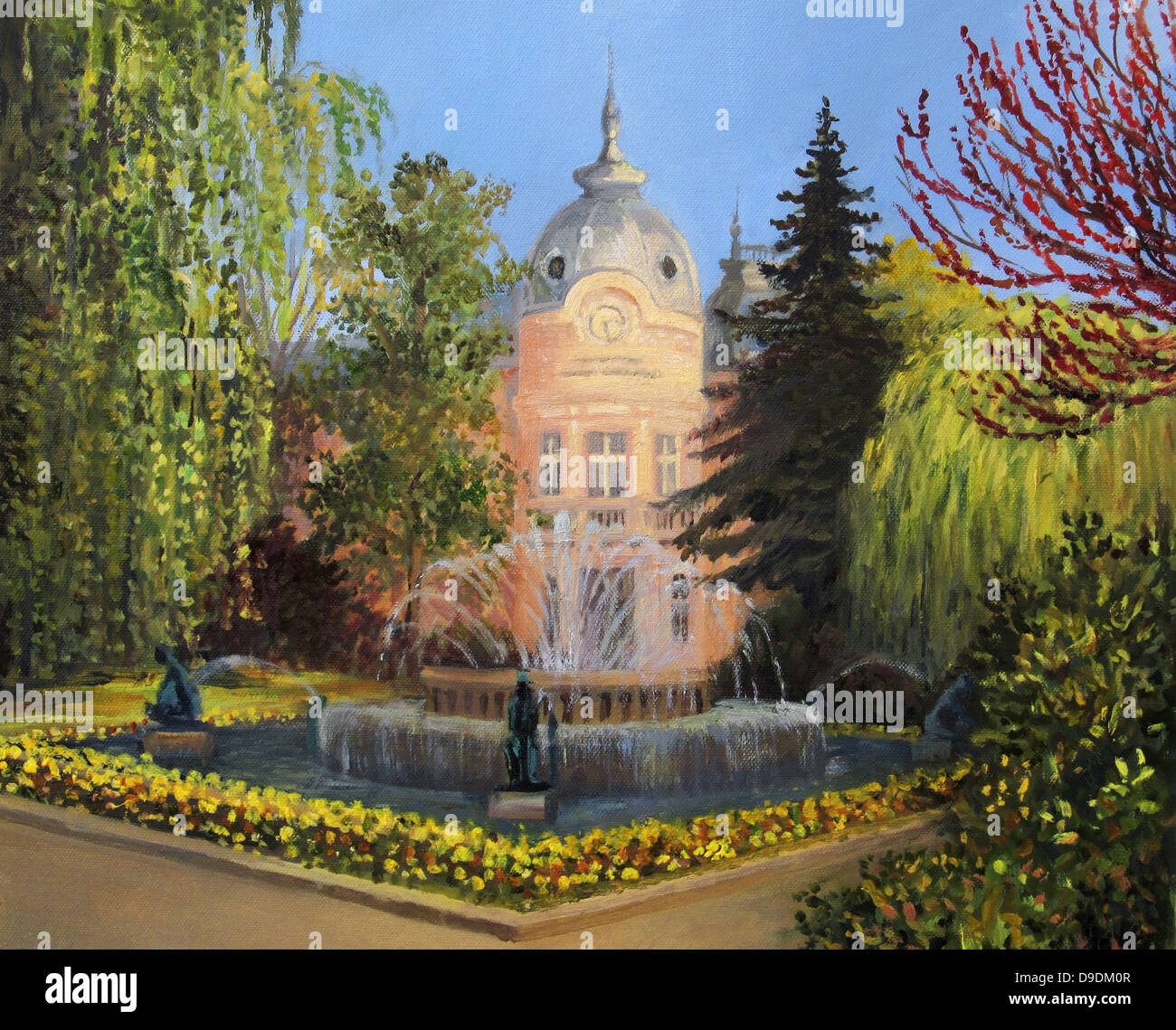 Un dipinto ad olio su tela della costruzione della libreria 'Lyuben Karavelov' a Ruse, Bulgaria con la fontana e il giardino. Foto Stock