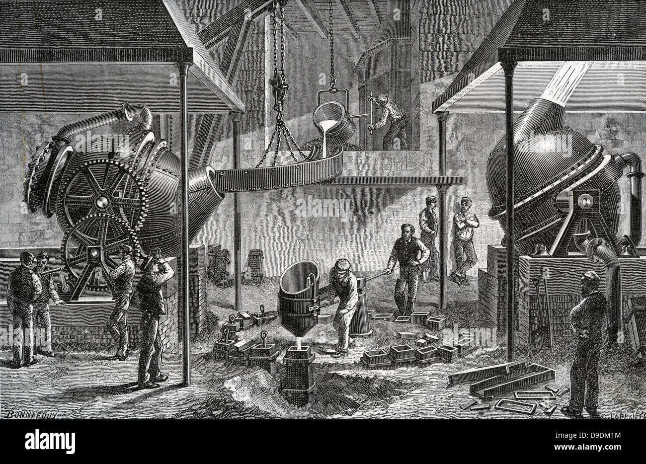 Processo di Bessemer per la produzione in massa di acciaio da ghisa convertire in funzionamento a opere di acciaio, Sheffield, Inghilterra. Incisione del 1888. Foto Stock
