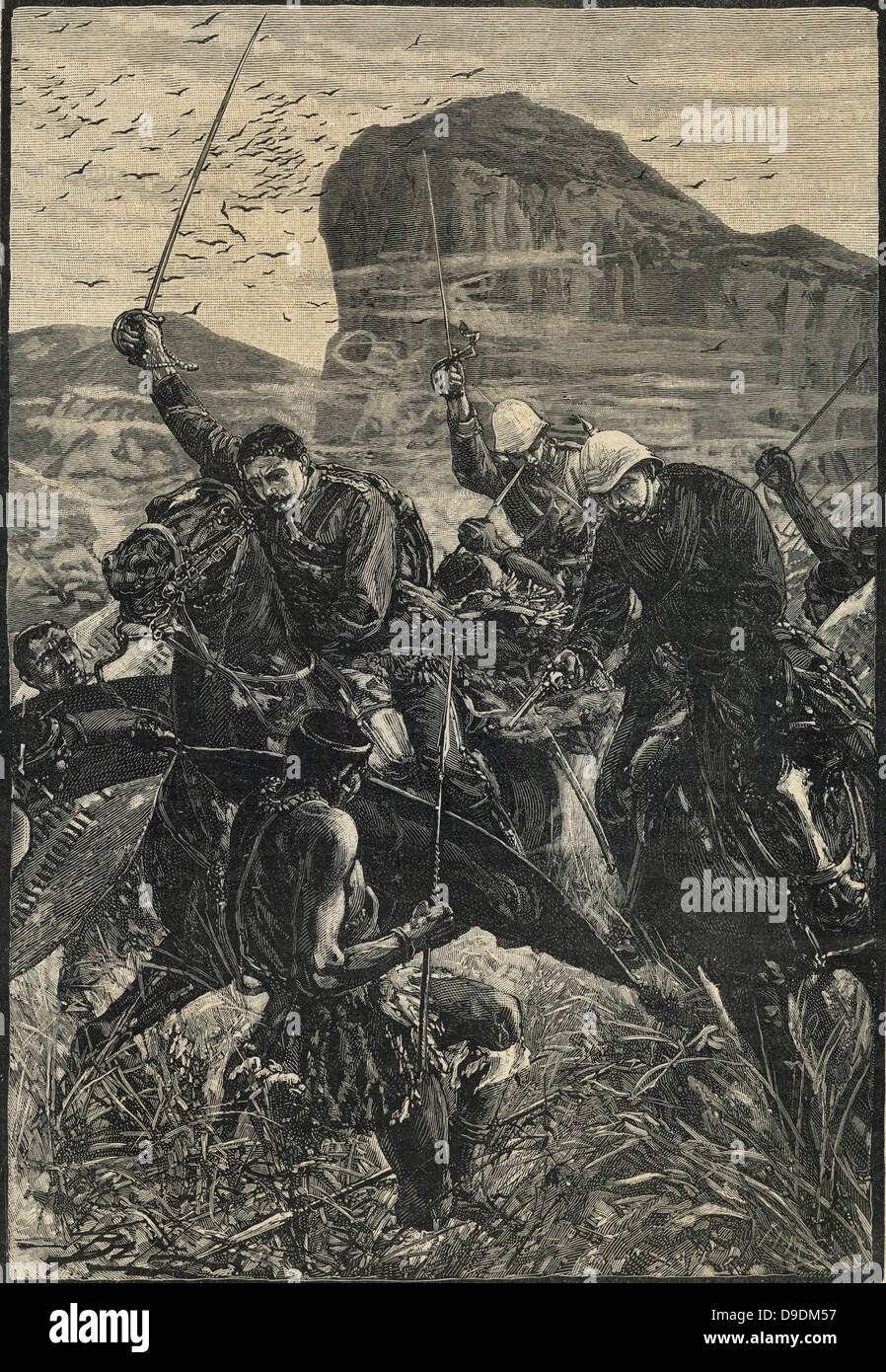 Guerra Zulu: Catastrofe Isandhlwana (Isandula) - Luogotenenti Melville Coghill e il tentativo di salvataggio della British colori. Essi morirono combattendo, i loro cavalli uccisi da sotto di esse, 21 gennaio 1879. Foto Stock