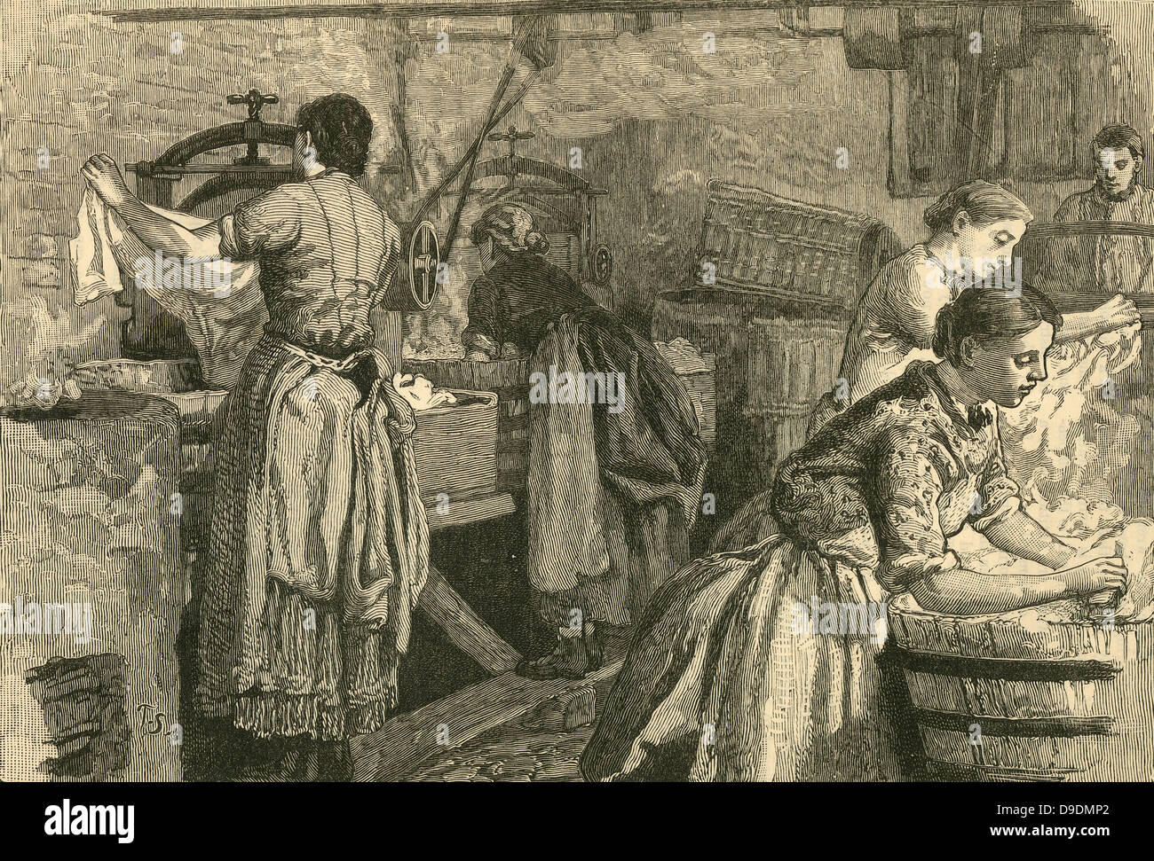 Donne al lavoro in una lavanderia commerciali, Kensal Green, Londra. Incisione, 1883 Foto Stock