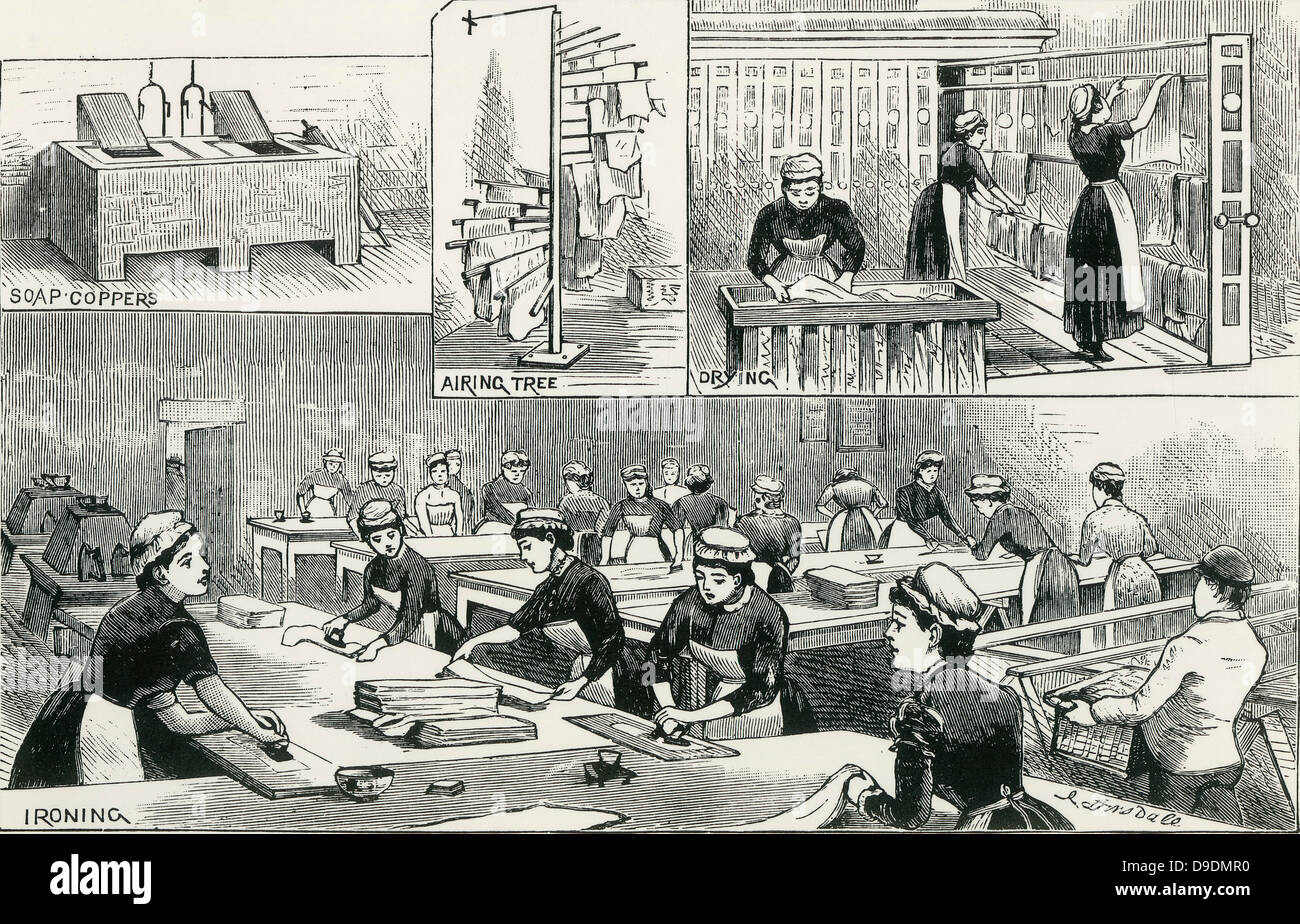 Scene in una lavanderia commerciali, Londra, 1884. Foto Stock