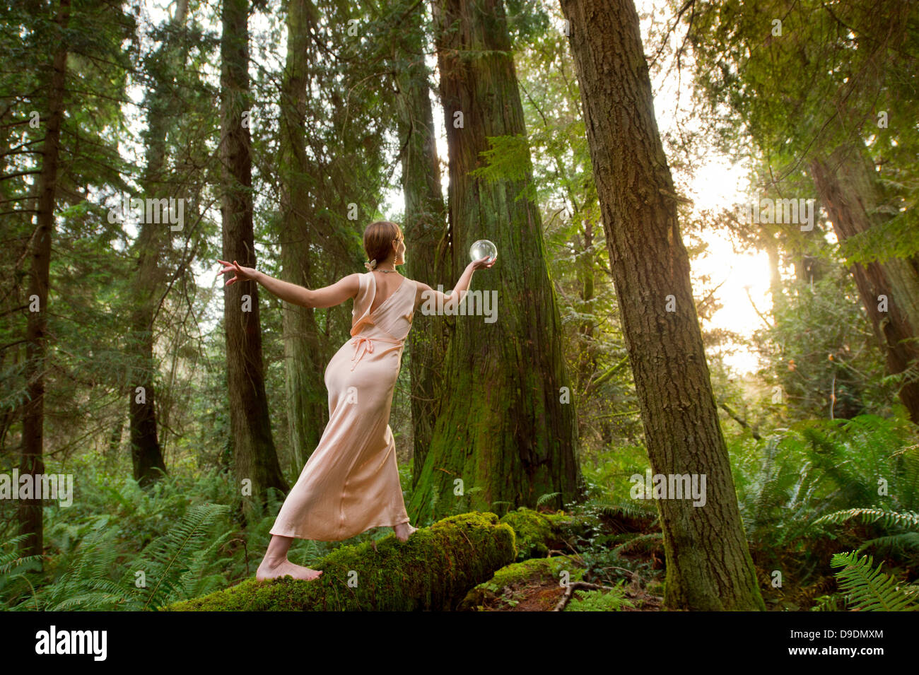 Donna matura in piedi sul log in foresta Foto Stock