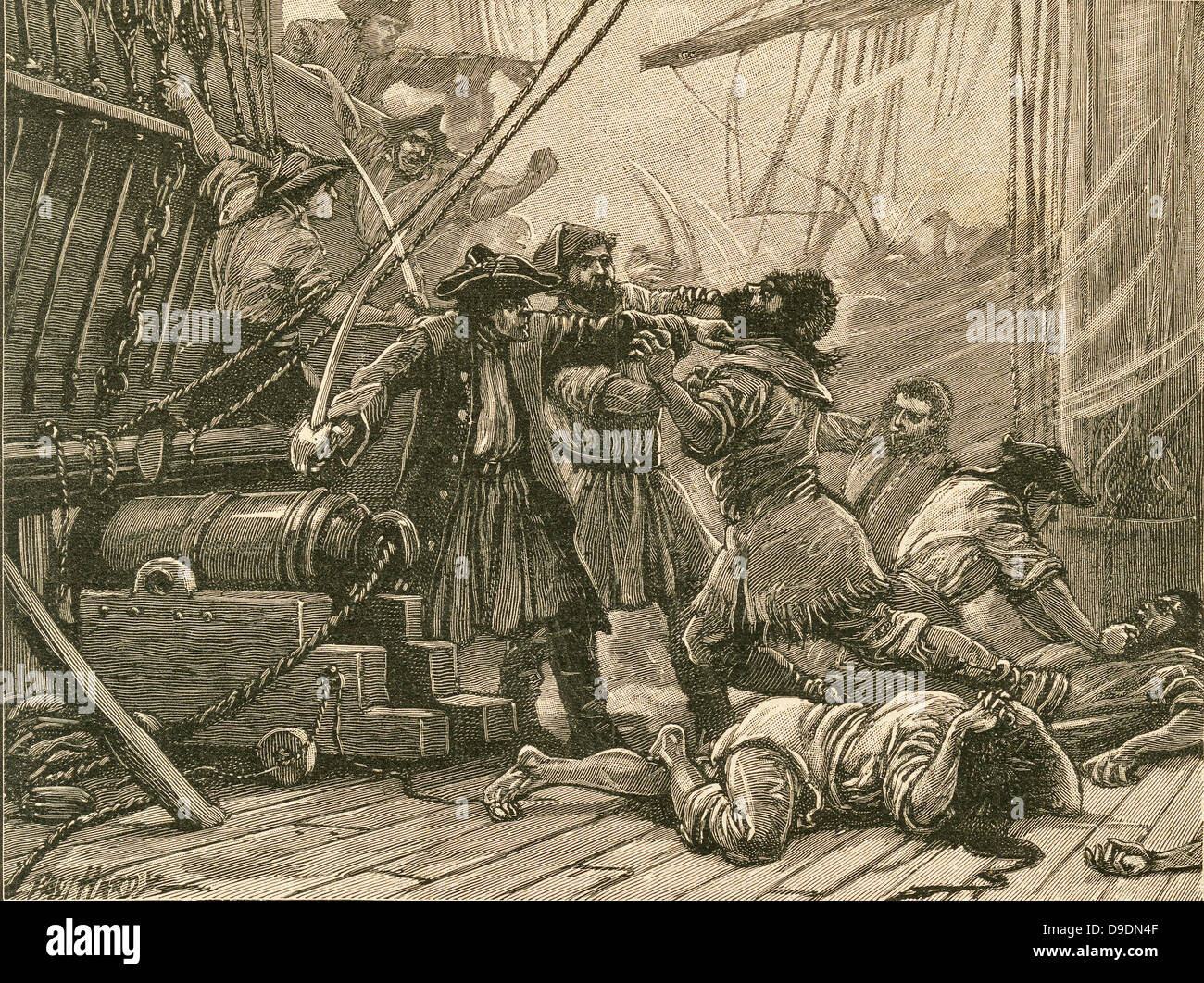 I pirati di salire a bordo della nave e sopraffare l'equipaggio: XVIII secolo. Foto Stock