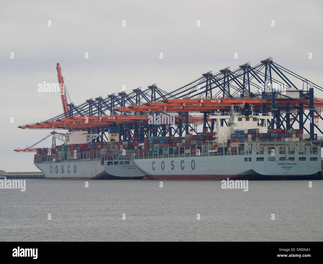 Due grandi Cosco container portanti a Euromax terminal per container sul Maasvlakte 2 nel porto di Rotterdam Foto Stock