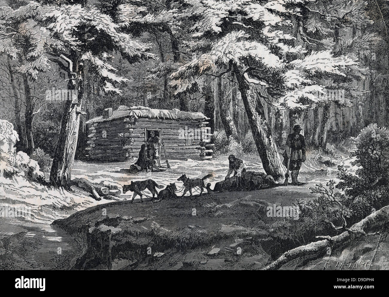 La pelliccia di trapper capanno in Nord America. Incisione 1876. Foto Stock