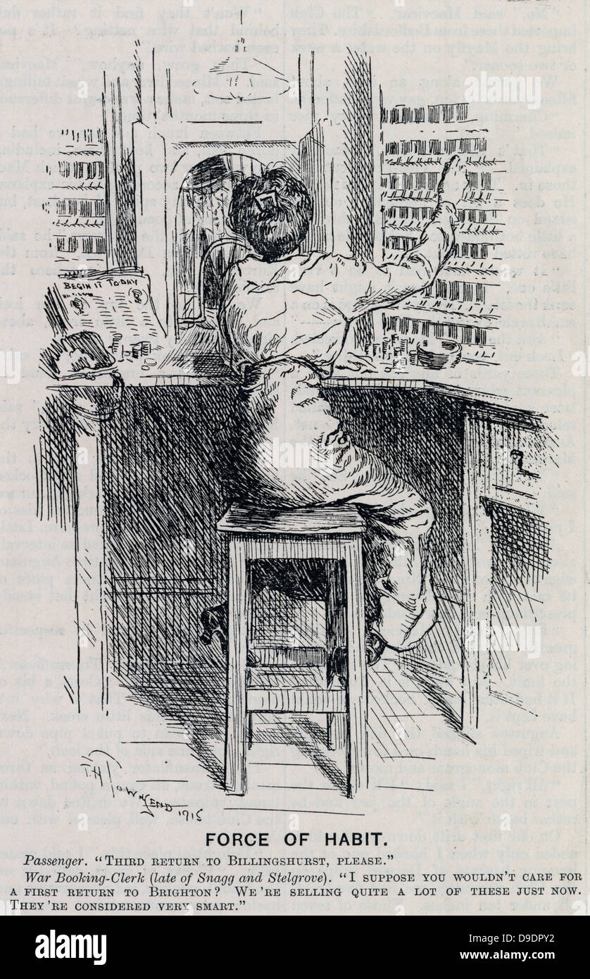Negozio di femmina assistant facendo un lavoro dell uomo nella I guerra mondiale in grado di dimenticare la sua formazione commerciale. Cartone animato da ''Punch'', Londra, 1915. Foto Stock