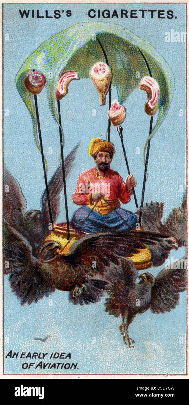 Aviazione, 1910: Inizio idea per aviazione - re persiano sul trono supportato da uccelli in volo. Foto Stock